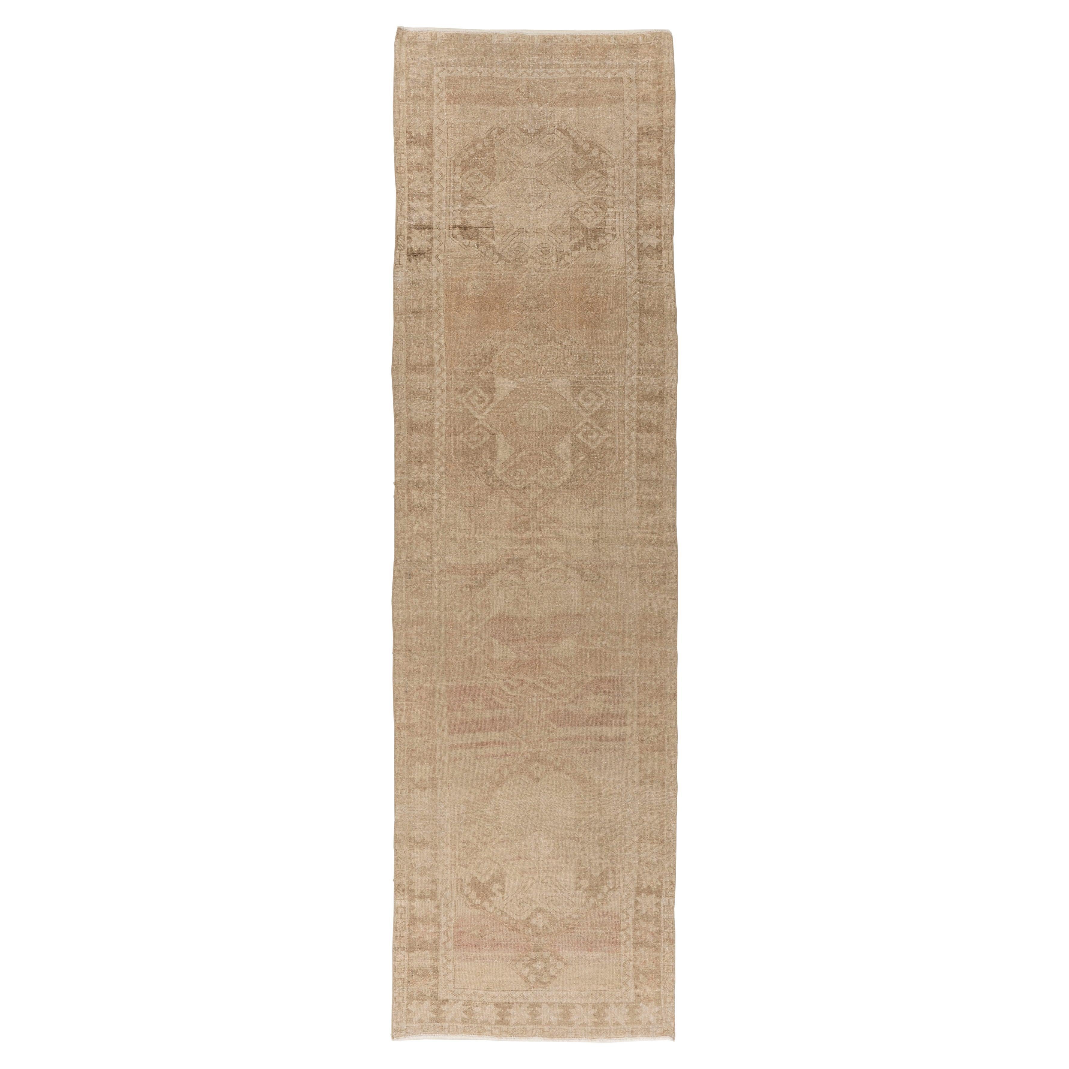Vintage Circa 1940 Tan Turkish Oushak Hand Knotted Wool Runner