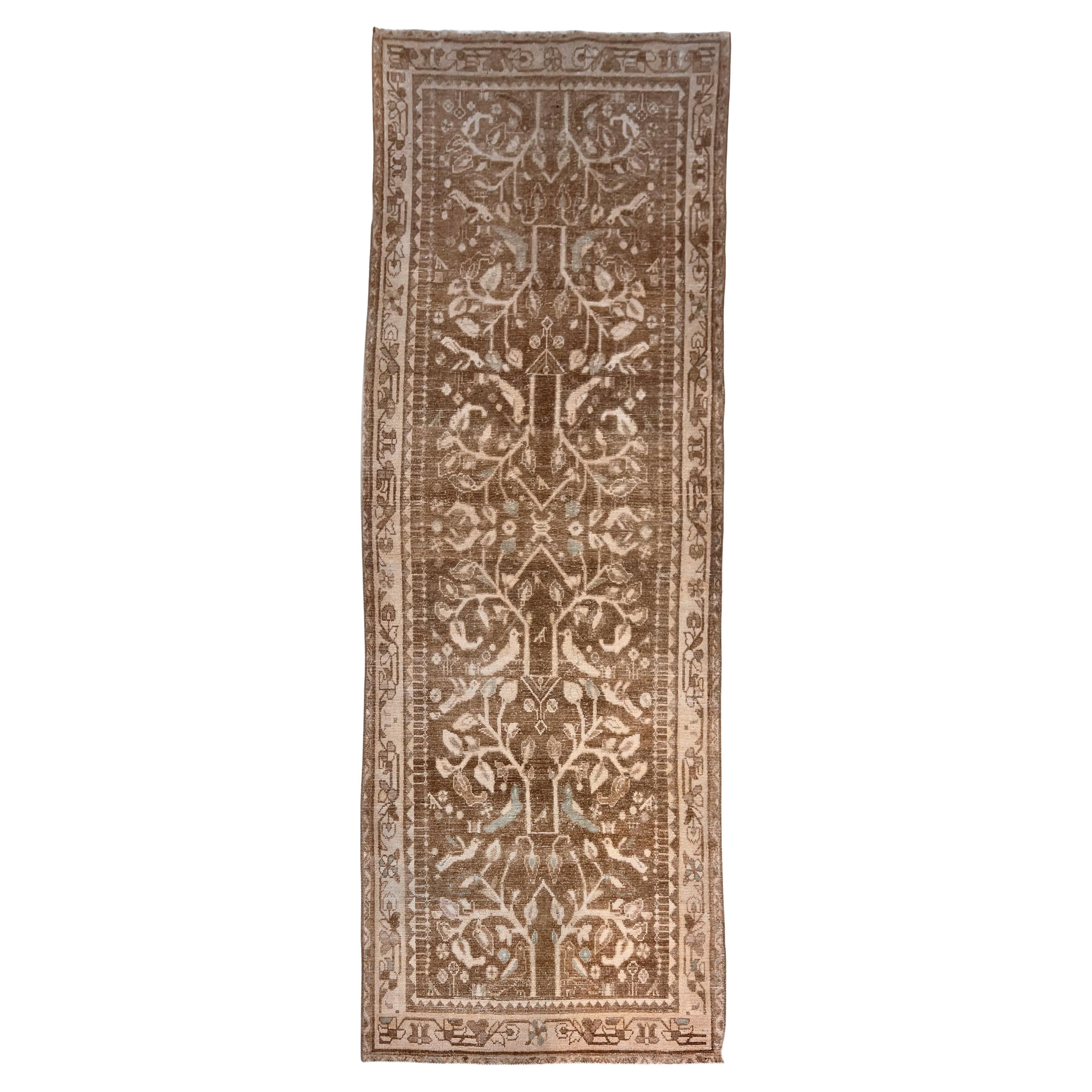 Vintage Circa 1940 Taupe Malayer Pictorial Hand Knotted Runner 3'7 X 9'