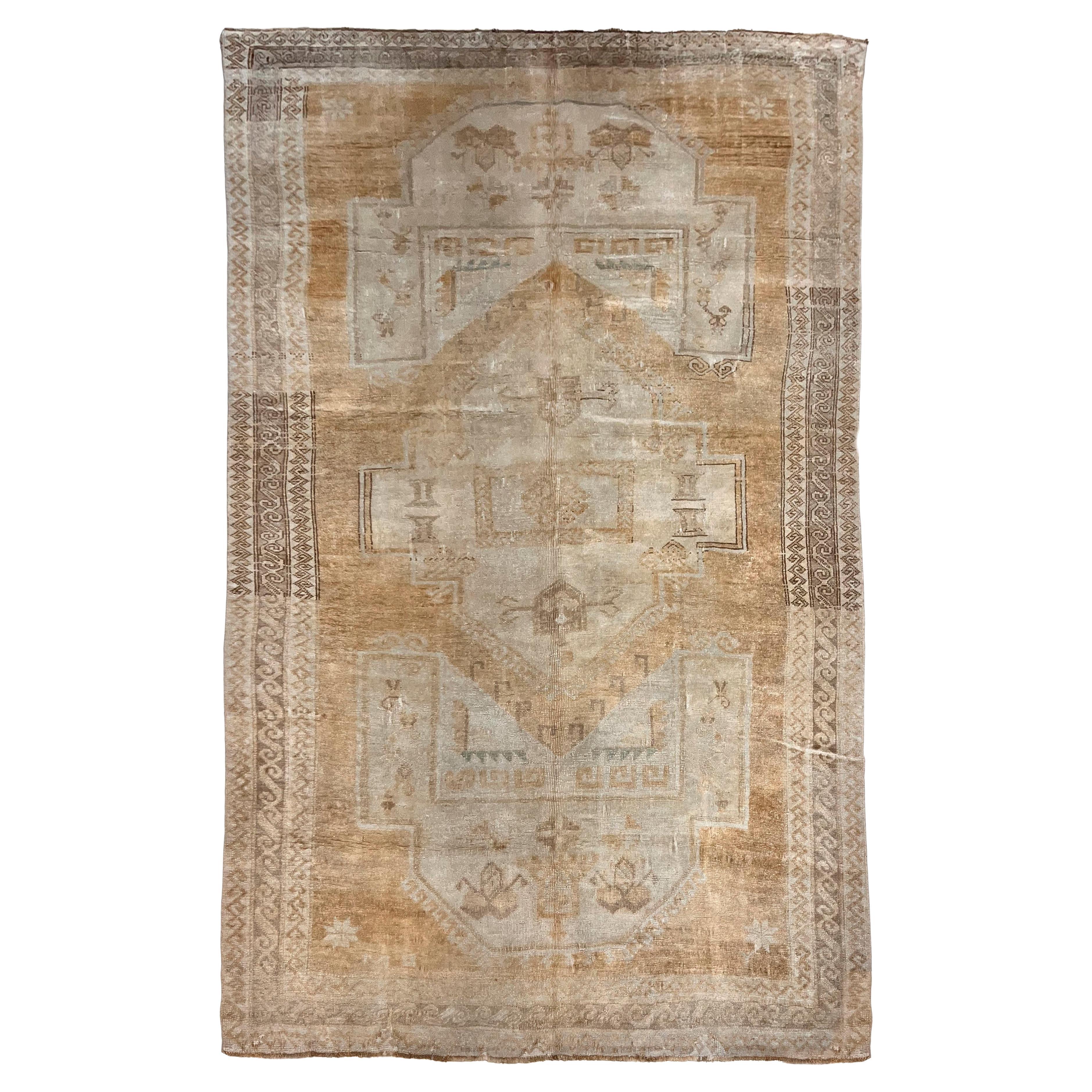 Vintage Circa 1940 Taupe Turkish Oushak Hand Knotted Rug, 6'7 X 10'7