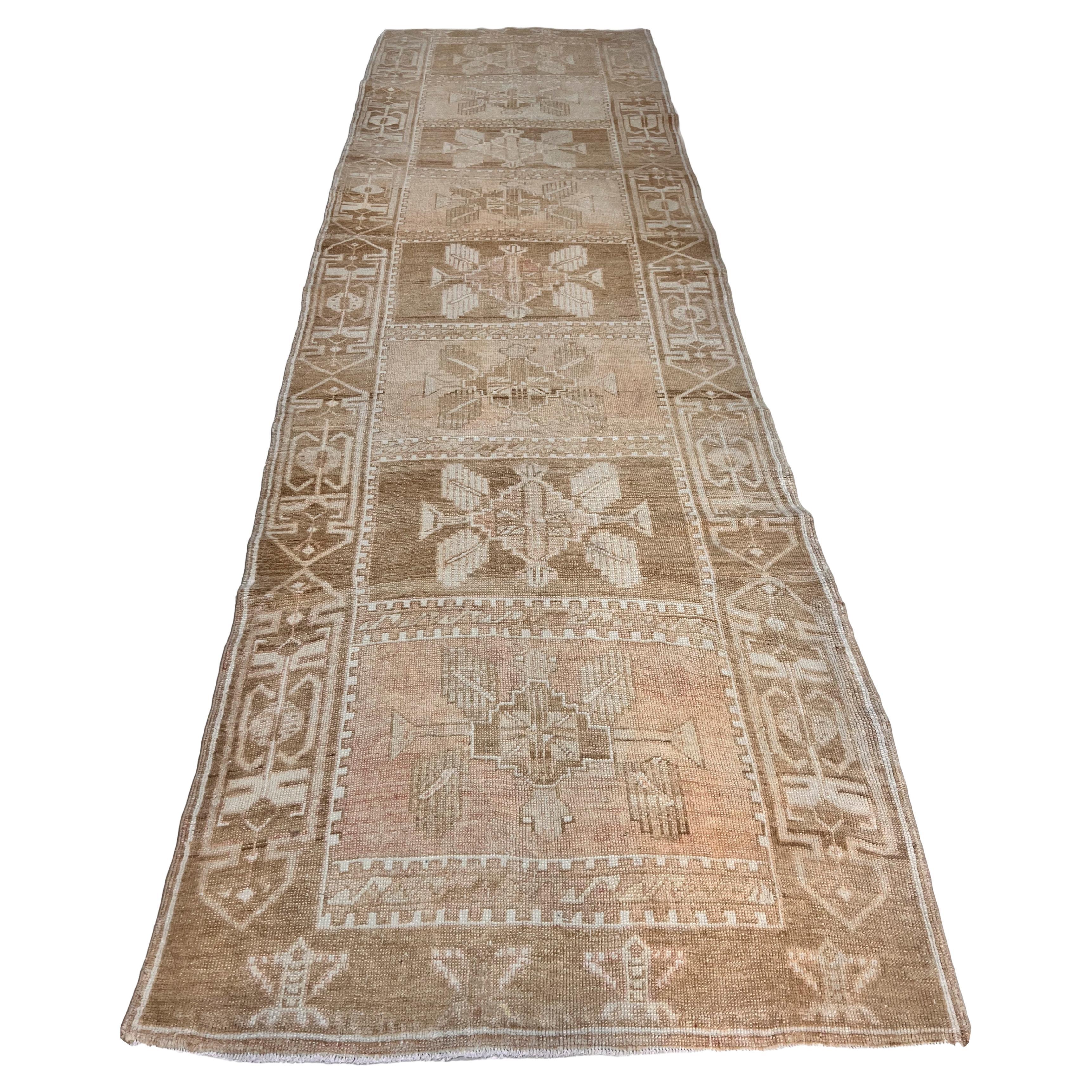 Vintage Circa 1940 Brown Turkish Oushak Hand Knotted Wool Runner