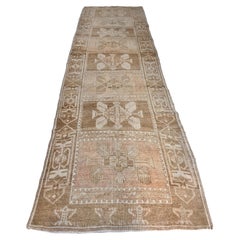 Vintage Circa 1940 Brown Turkish Oushak Hand Knotted Wool Runner