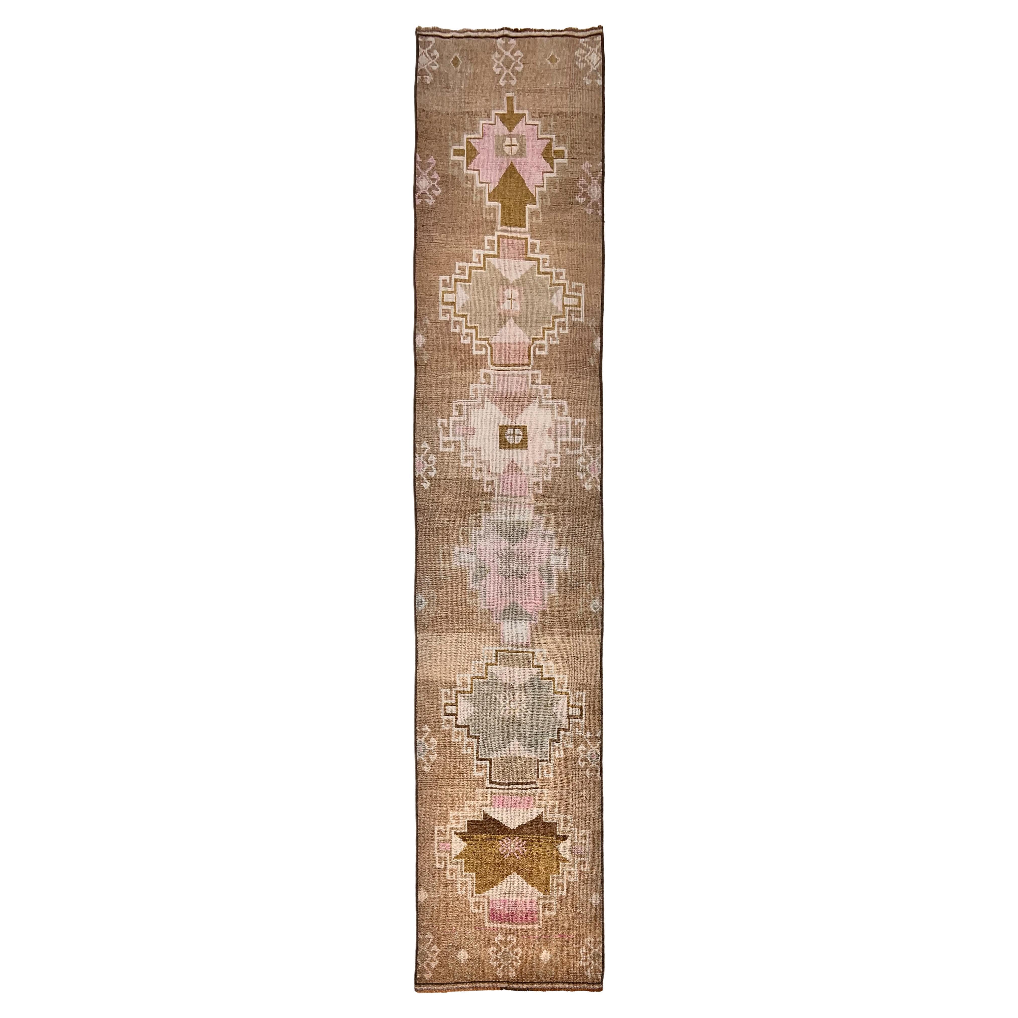 Vintage Circa 1940 Brown Turkish Oushak Panel Hand Knotted Wool Runner