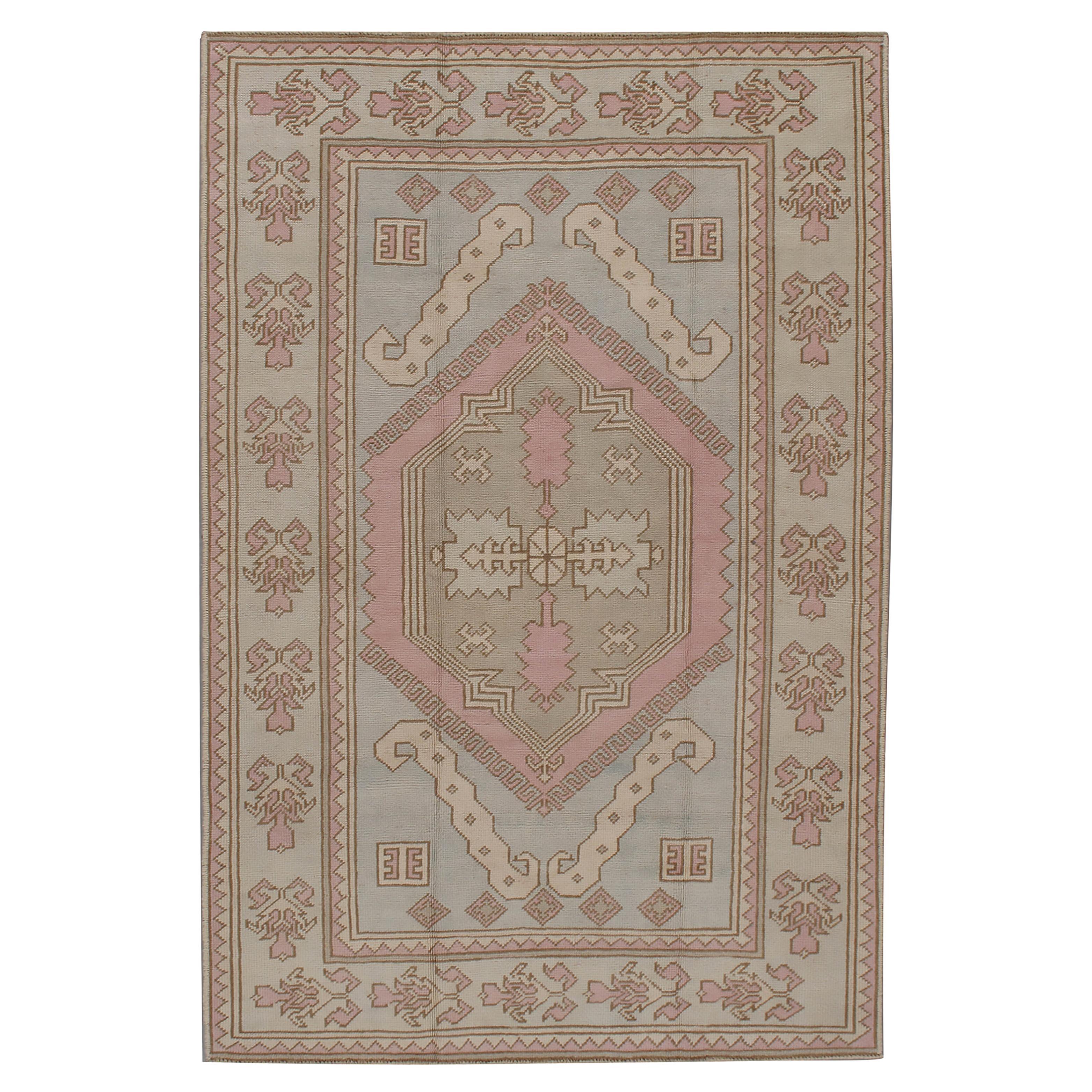 Vintage Circa 1940 Alfombra Turca Azul Oushak Anudada a Mano