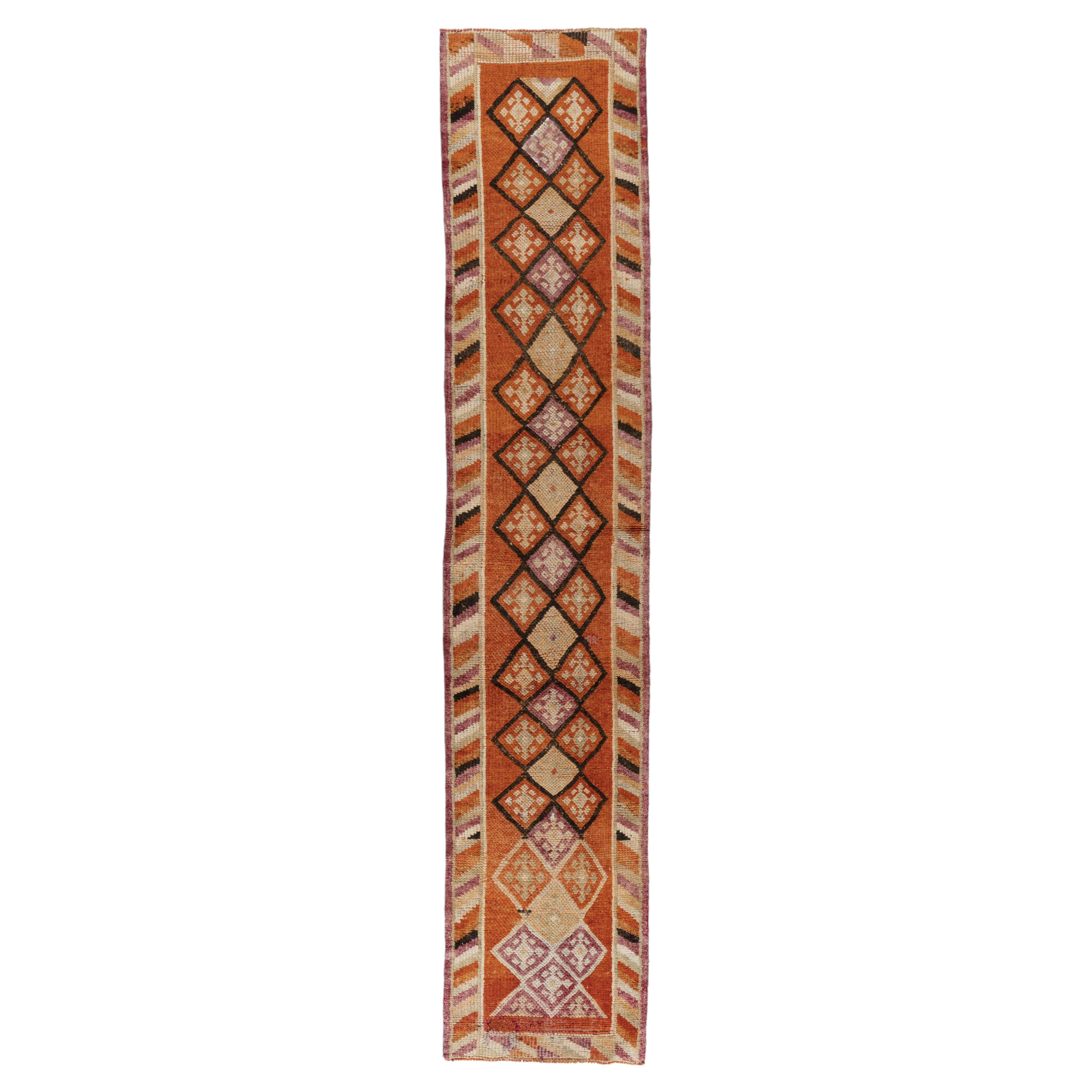 Vintage Circa 1940 Turkish Orange Black Oushak Runner 2'5 x 12'4 For Sale