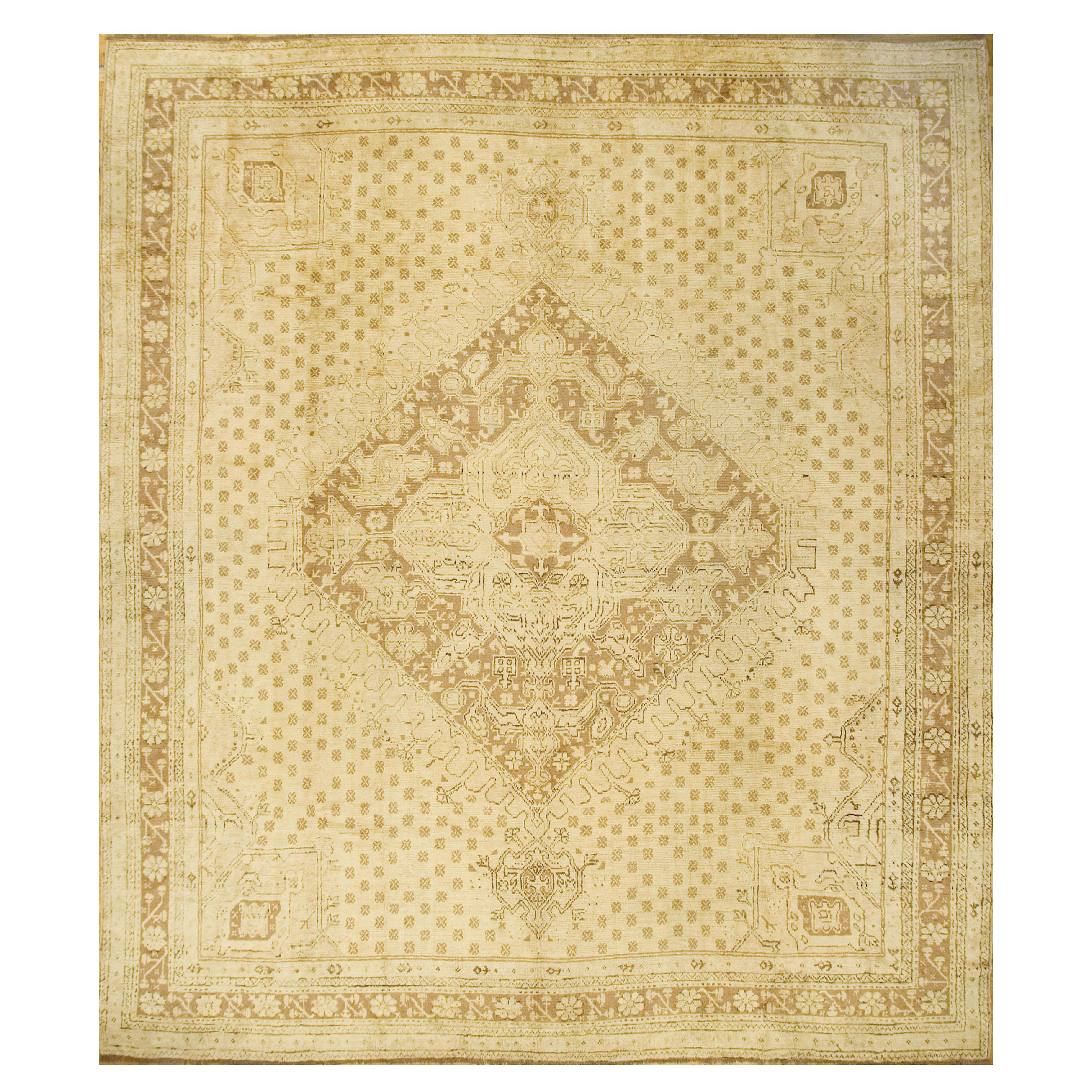 Vintage Circa 1940 Beige Turkish Oushak Hand Knotted Rug Carpet 11'4 x 12'11