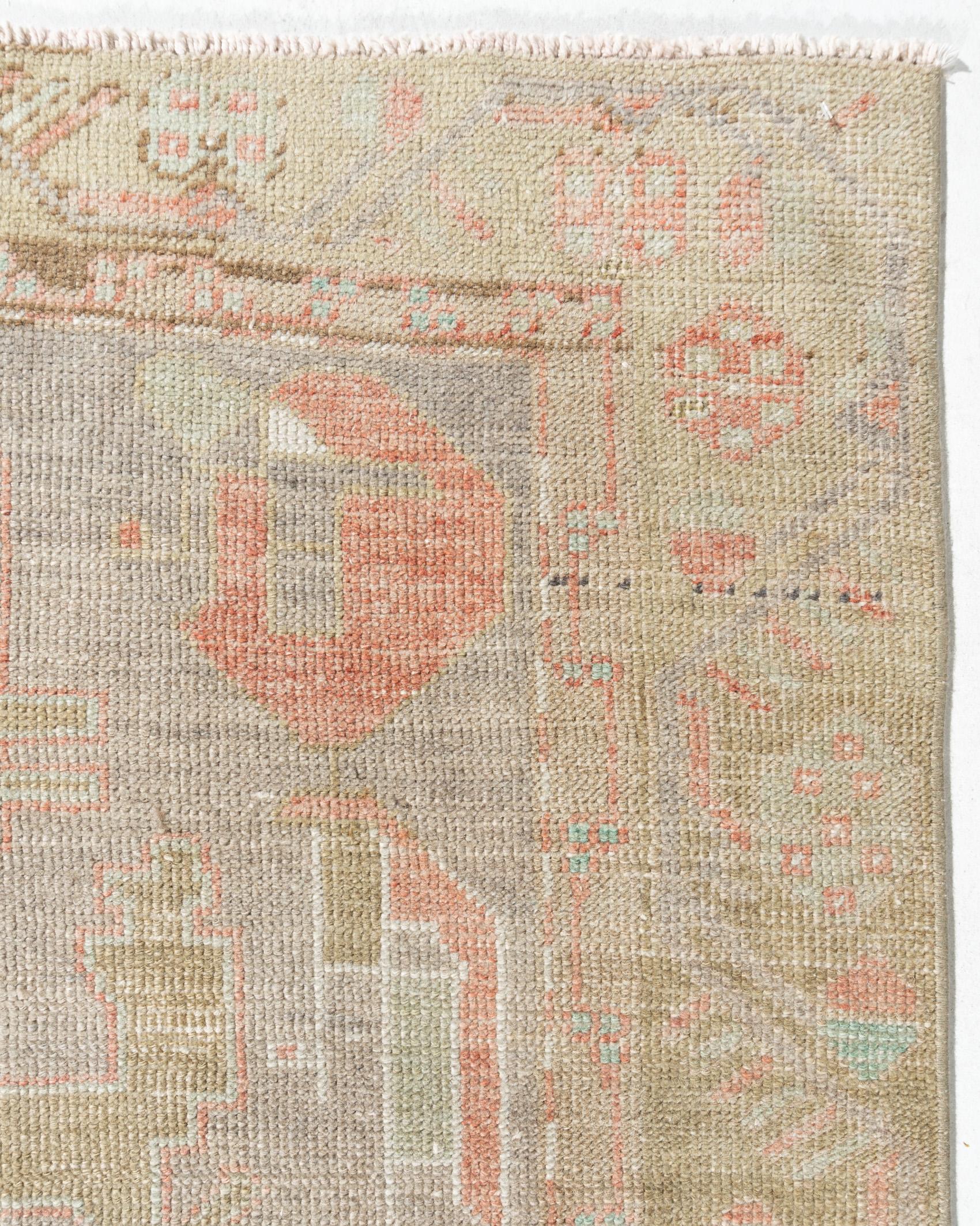 Vintage Turkish Oushak rug 4'9 X 11'2. The luxurious quality of the wool (for which Oushaks have always been famous) contributed to the vibrancy of the colors. Unlike most Turkish rugs, Oushak rugs were heavily influenced by Persian design. Many