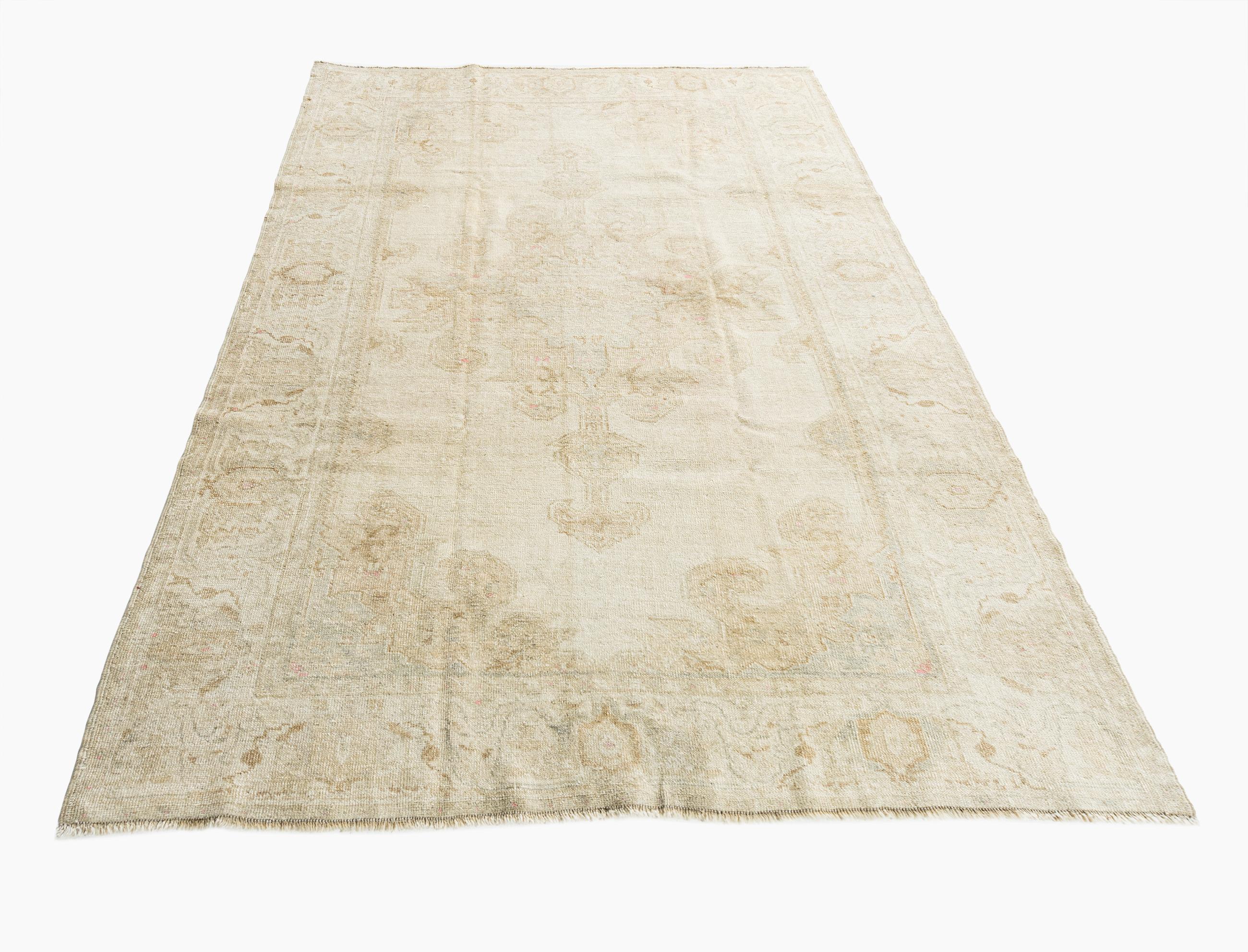 Vintage Circa 1940 Turkish Oushak Taupe Ivory Area Rug 4'7 x 7' For Sale 9