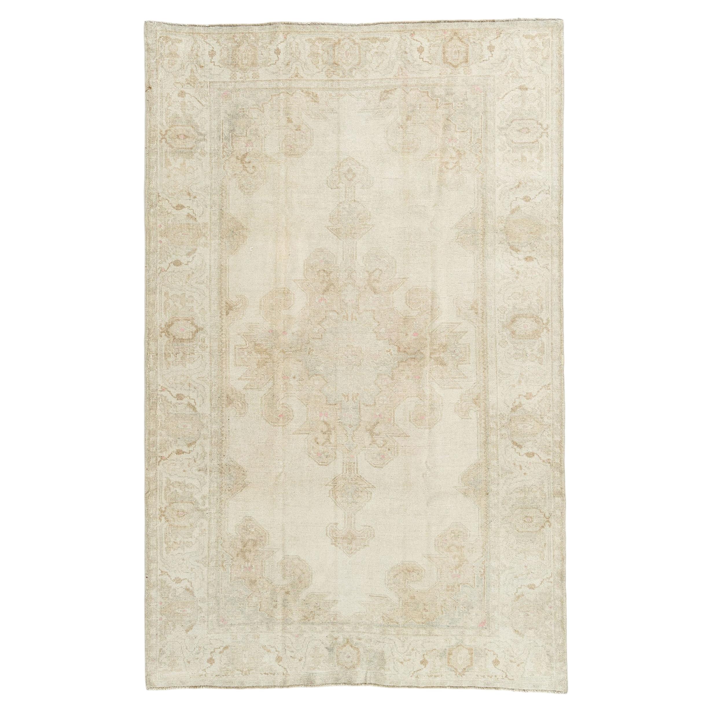 Vintage Circa 1940 Turkish Oushak Taupe Ivory Area Rug 4'7 x 7'