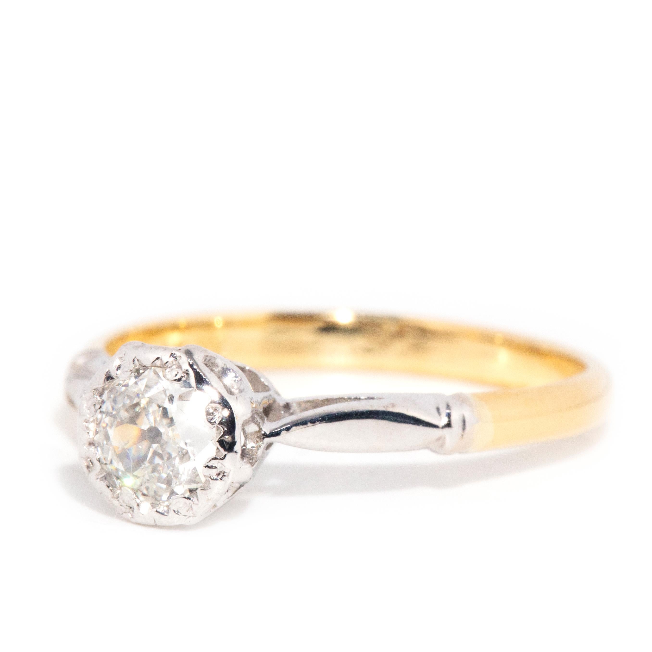 Old European Cut Vintage Circa 1940s 18 Carat Yellow & White Gold Old Cut Solitaire Diamond Ring For Sale