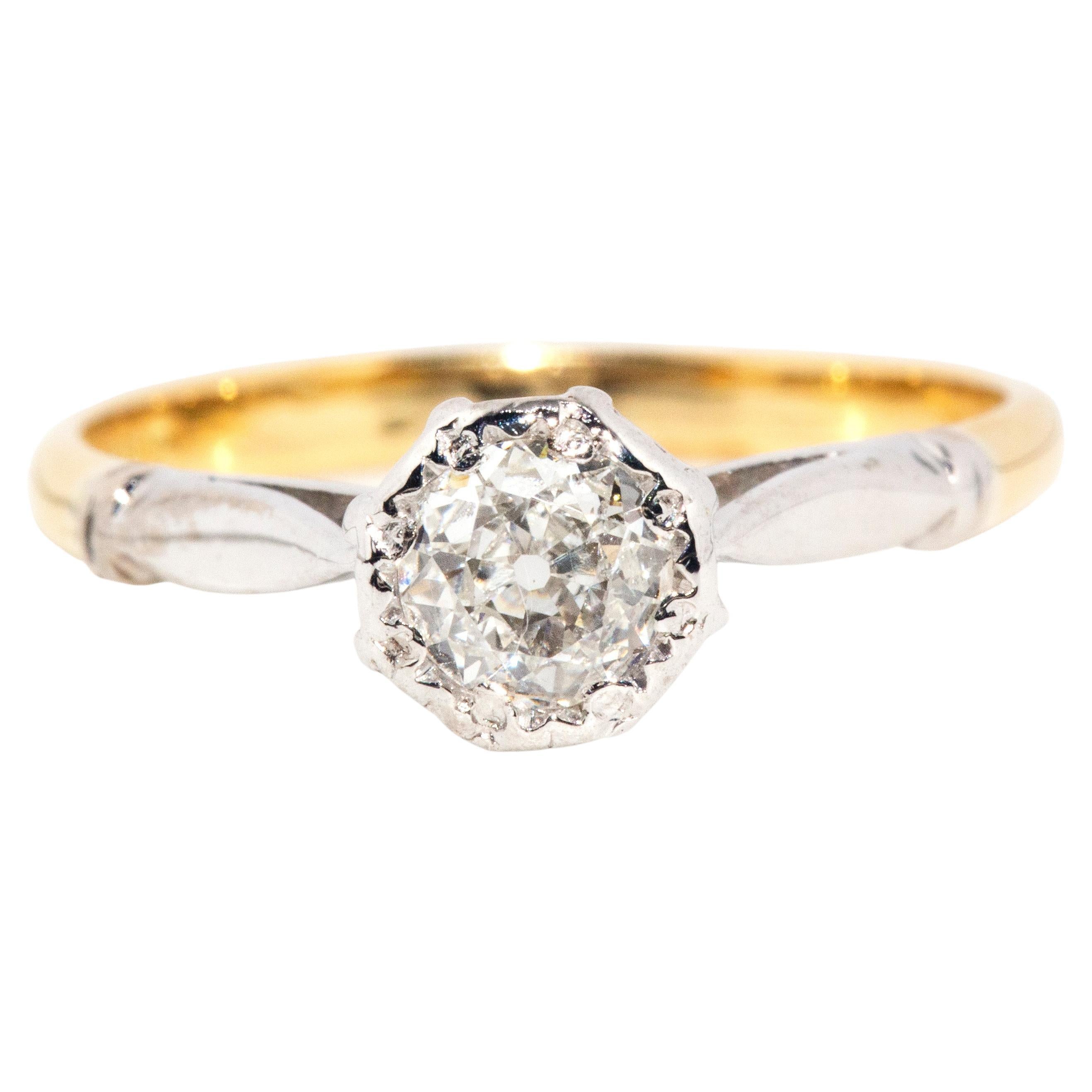 Vintage Circa 1940s 18 Carat Yellow & White Gold Old Cut Solitaire Diamond Ring