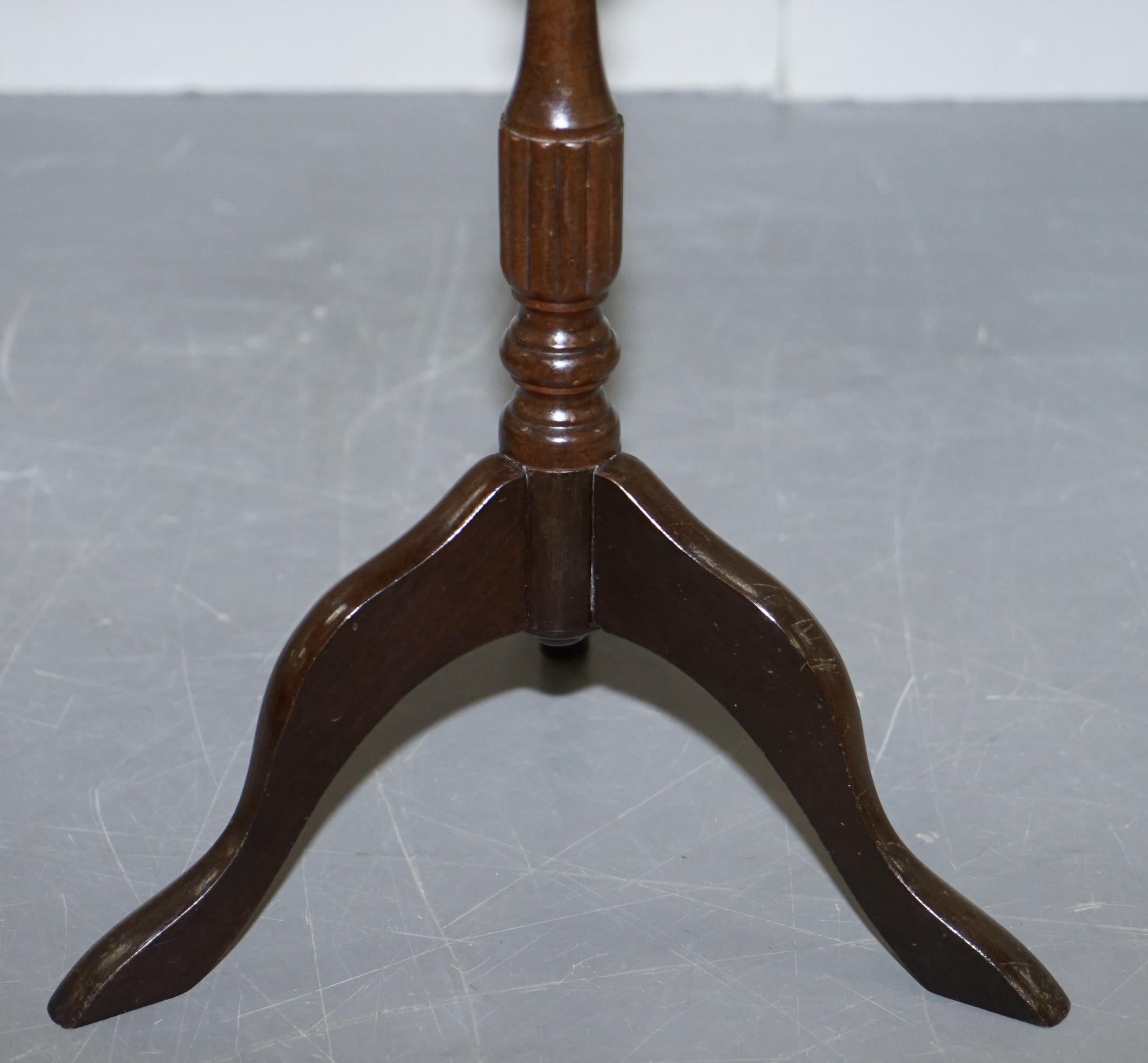 Hand-Crafted Vintage circa 1940s Brown Leather Vintage Hardwood Tripod Lamp Side End Table For Sale
