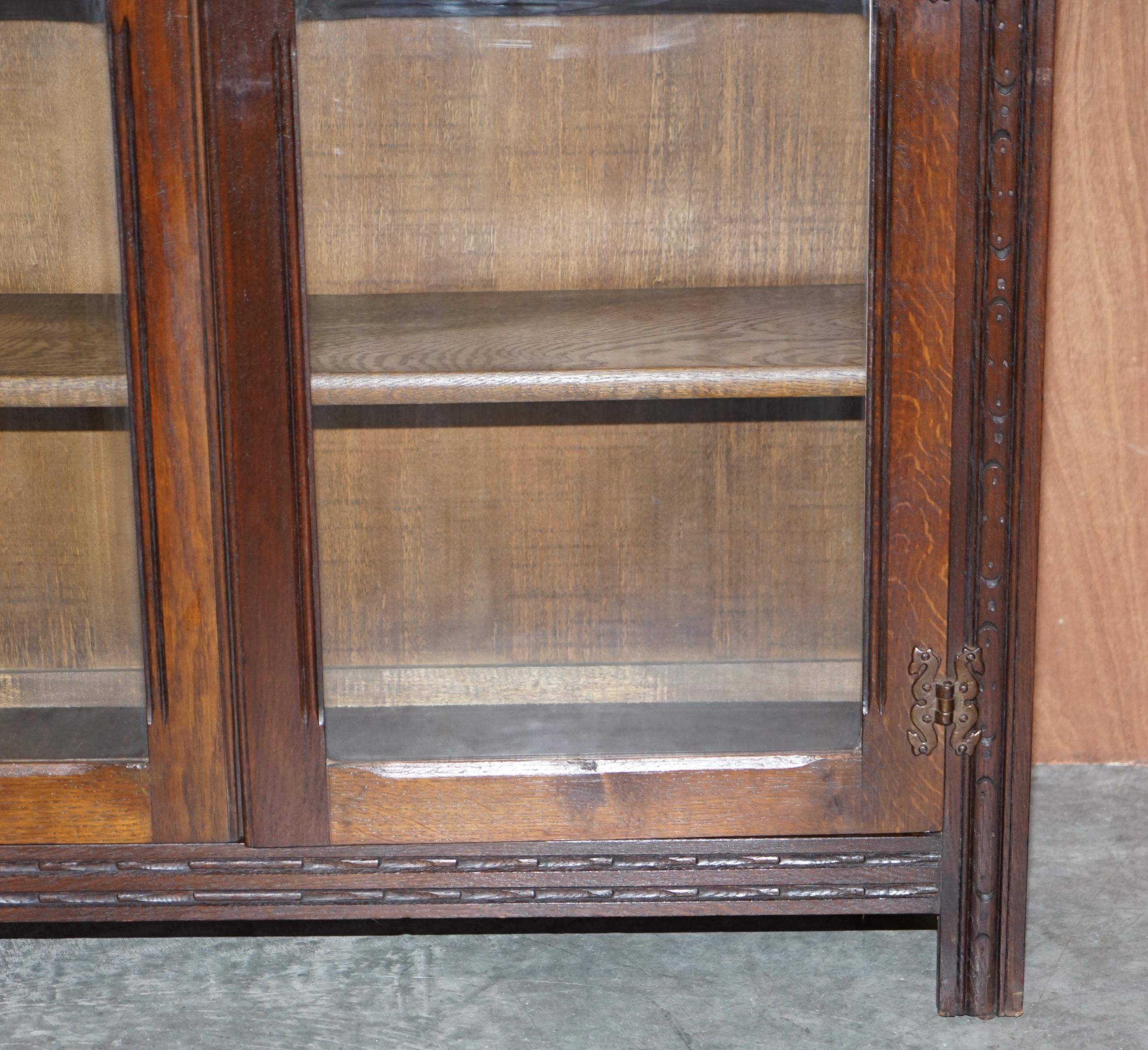 Vintage circa 1940's English Oak Jacobean Revival Glazed Door Library Bookcase 1