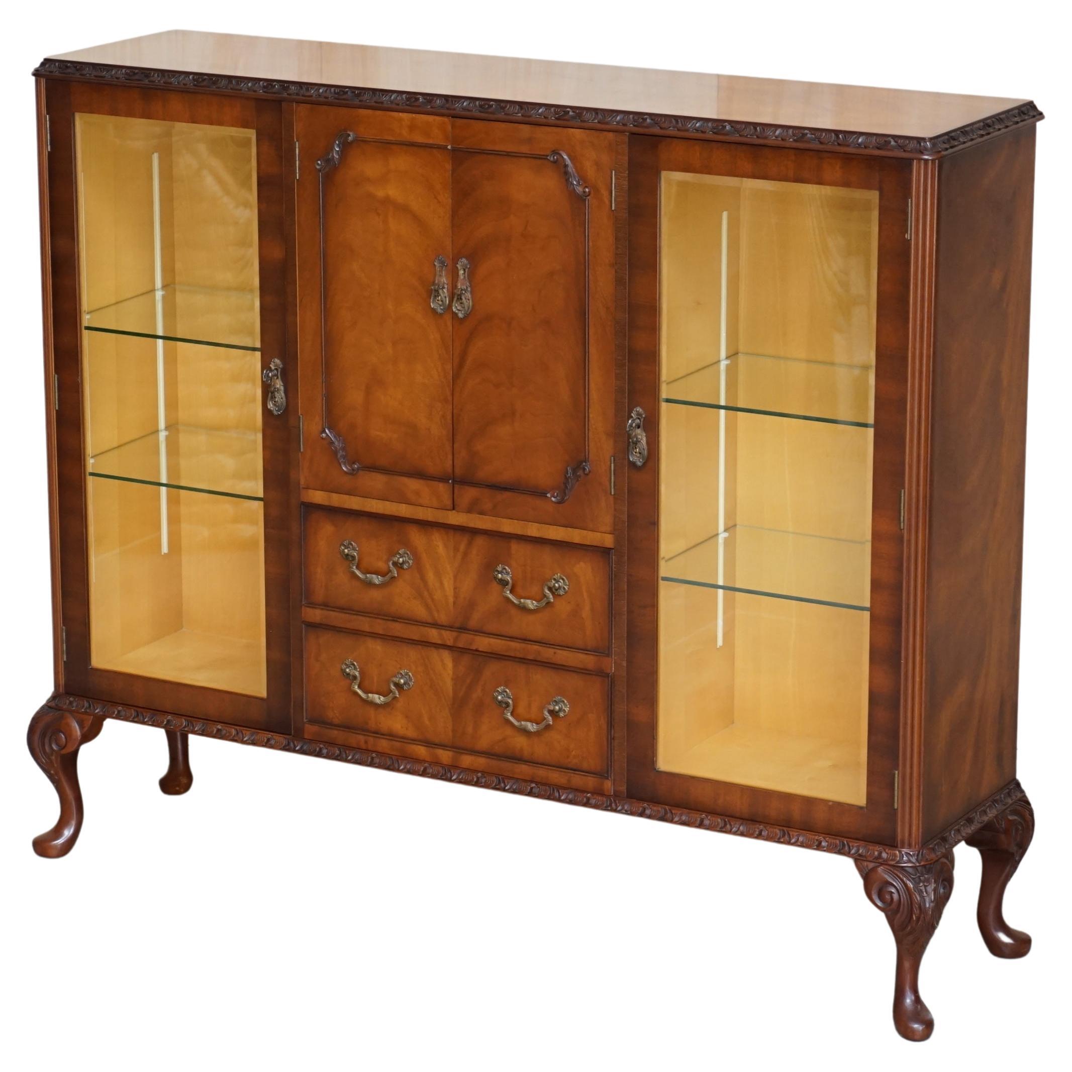 Vintage circa 1940's Flamed Hardwood & Satinwood Sideboard Display Cabinet Table For Sale