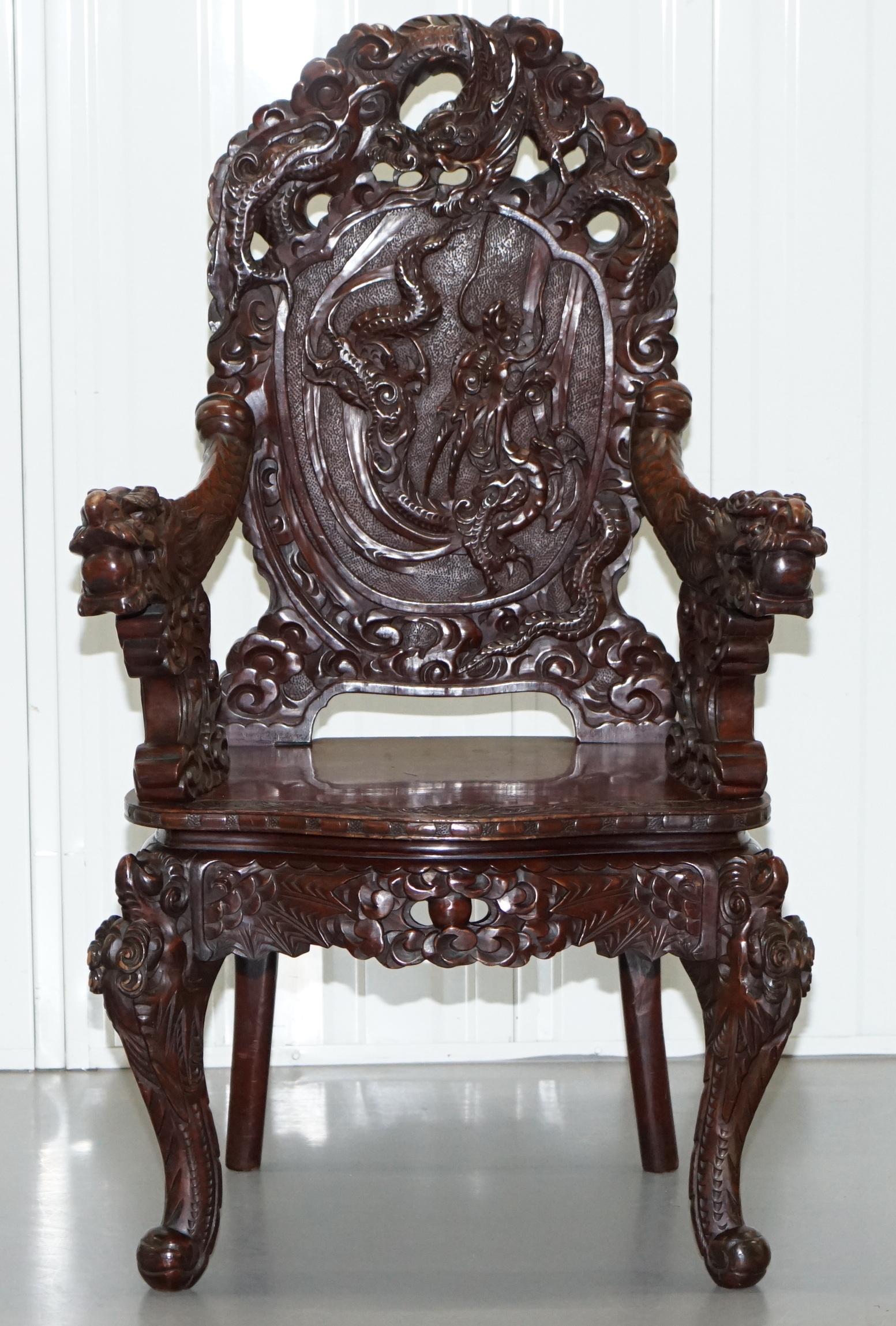 We are delighted to offer for sale this very decorative high back Japanese Export Dragon carved throne armchair, circa 1940

A good looking well made and very decorative chair, this is a high back version which is a lot rarer than the standard tub