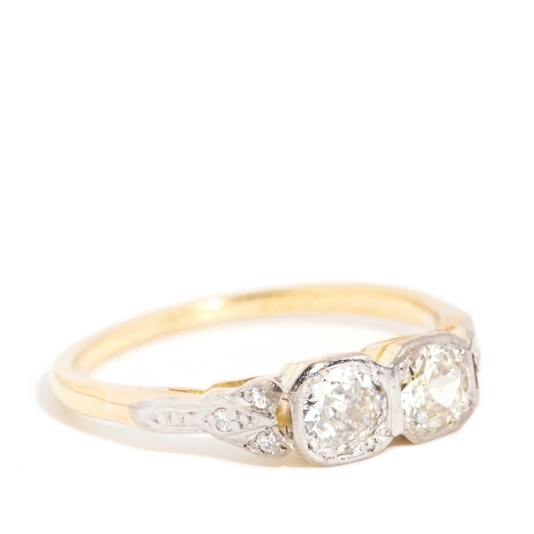 Moderne Bague duo de diamants taille ancienne des années 1940 en or jaune et blanc 18 carats en vente