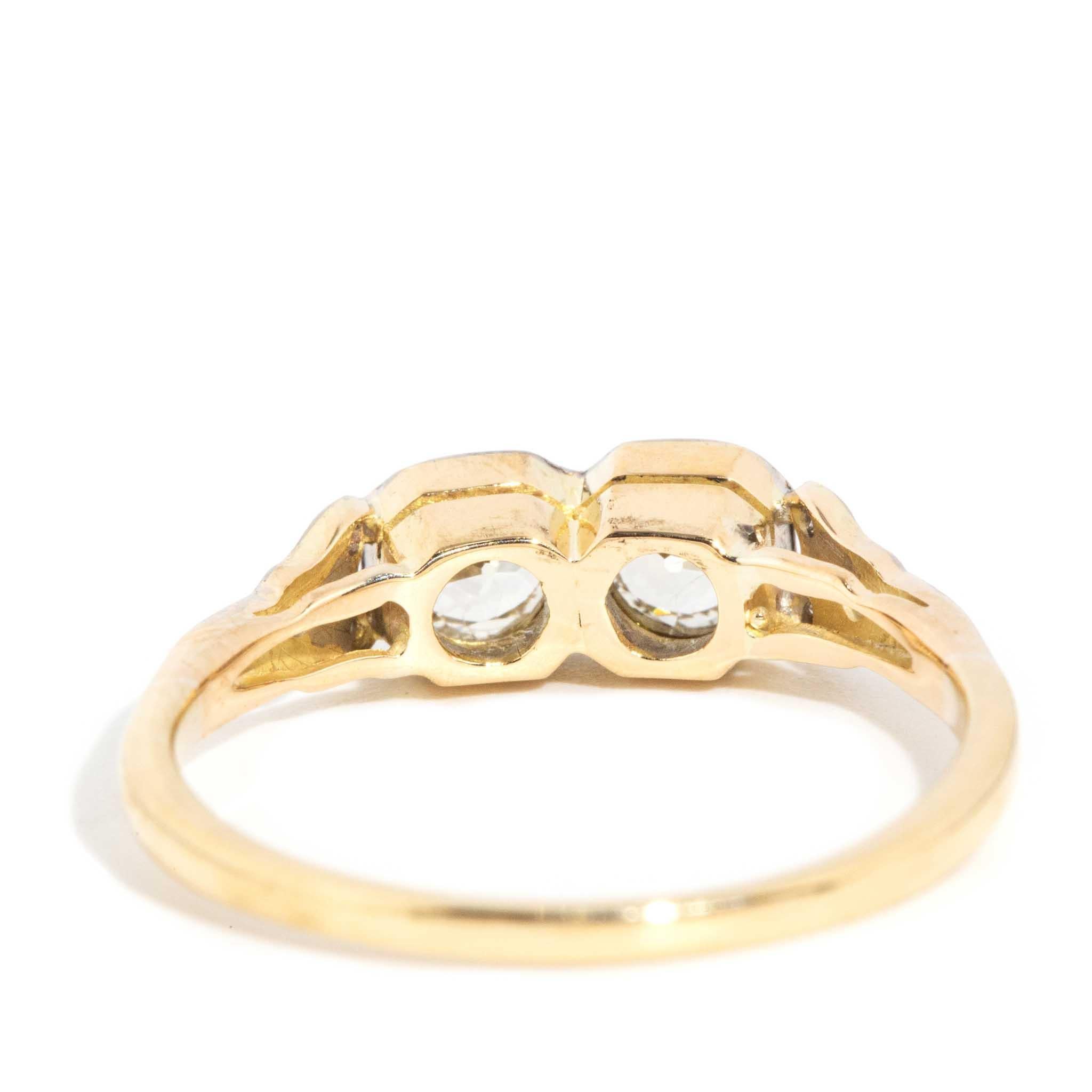 Bague duo de diamants taille ancienne des années 1940 en or jaune et blanc 18 carats en vente 1