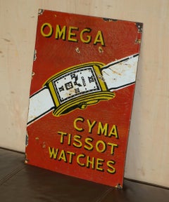 VINTAGE CIRCA 1940's OMEGA CYMA TISSOT WATCHES PORCELAIN ENAMEL ADVERTISING SIGN