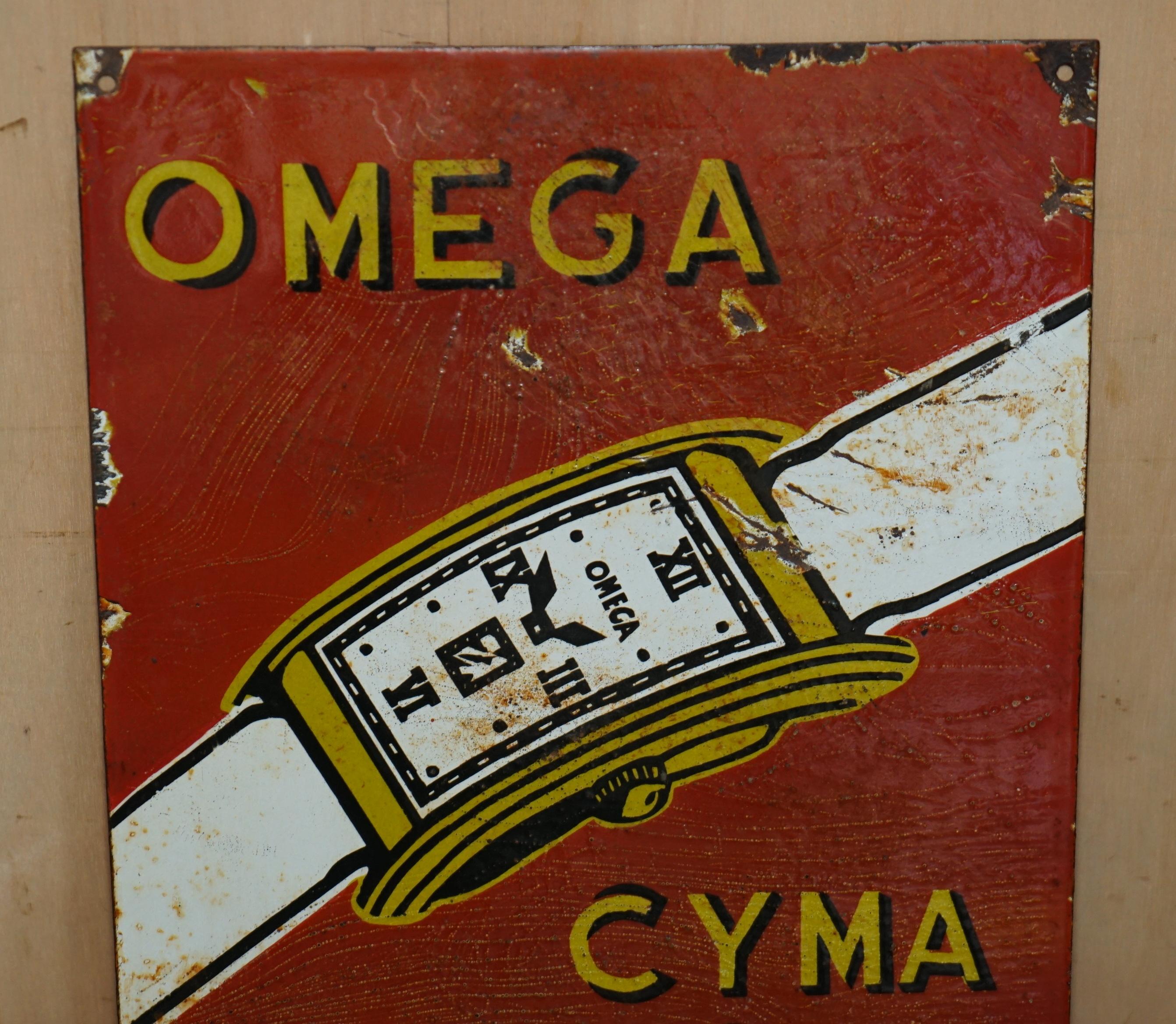 Industriale INSEGNA PUBBLICITARIA IN PORCELLANA E SMALTO D'EPOCA DI CIRCA 1940 OMEGA CYMA TISSOT in vendita