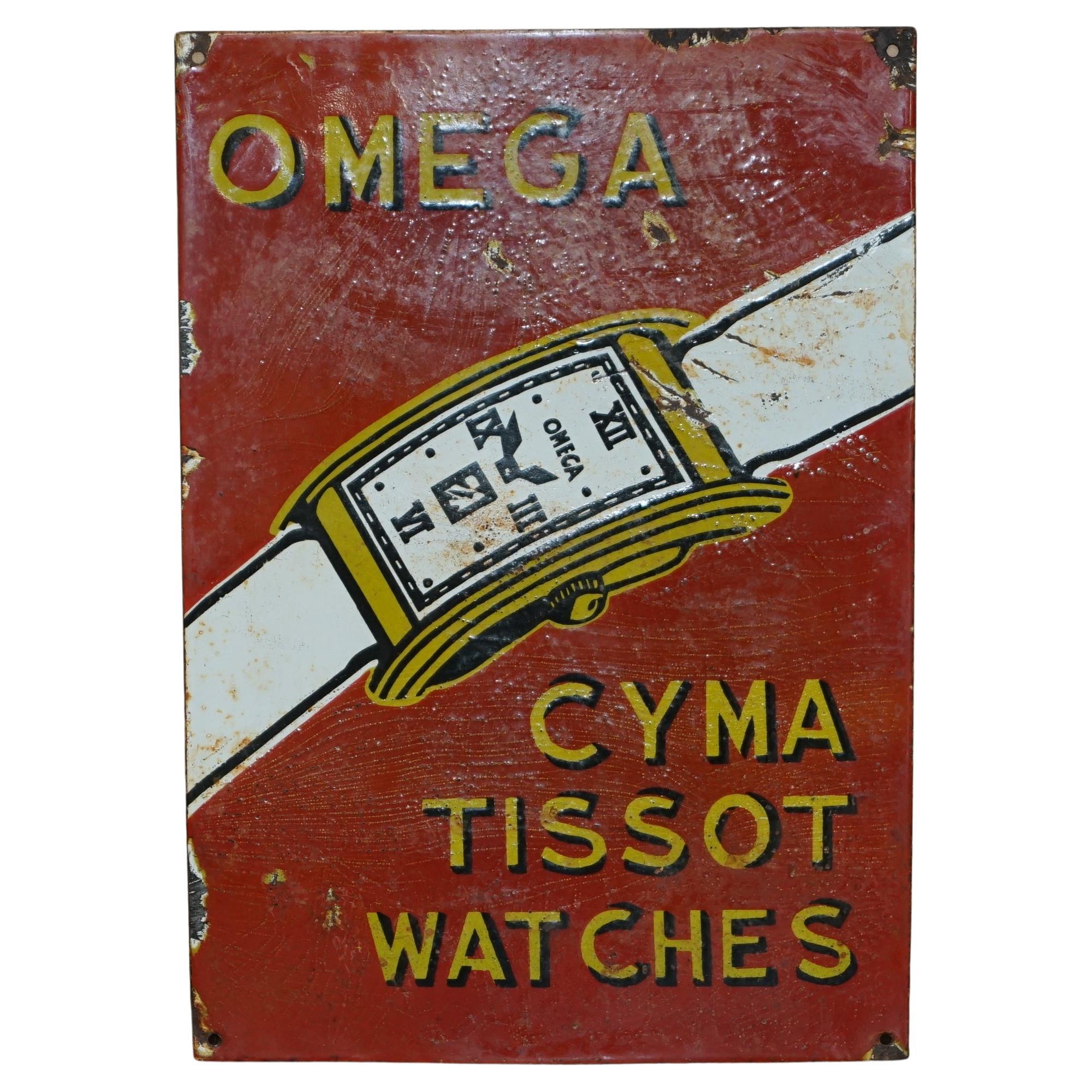 INSEGNA PUBBLICITARIA IN PORCELLANA E SMALTO D'EPOCA DI CIRCA 1940 OMEGA CYMA TISSOT in vendita