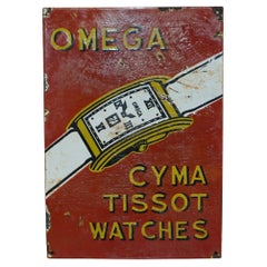 VINTAGE CIRCA 1940's OMEGA CYMA TISSOT WATCHES PORCELAIN ENAMEL ADVERTISING SIGN