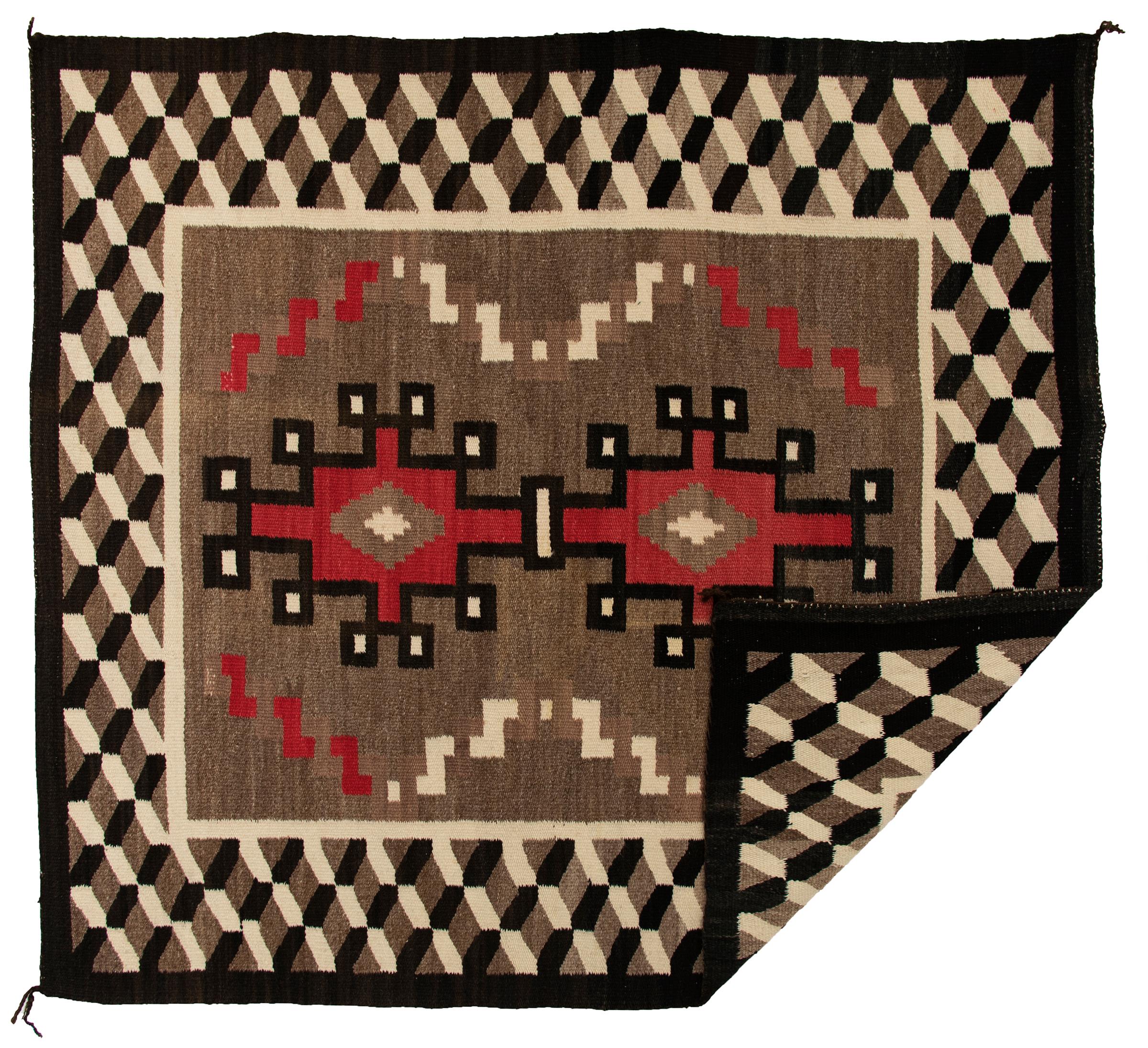 Native American Vintage Navajo Area Rug, 1940s, Wool, Geometric Design in Brown Black Red White