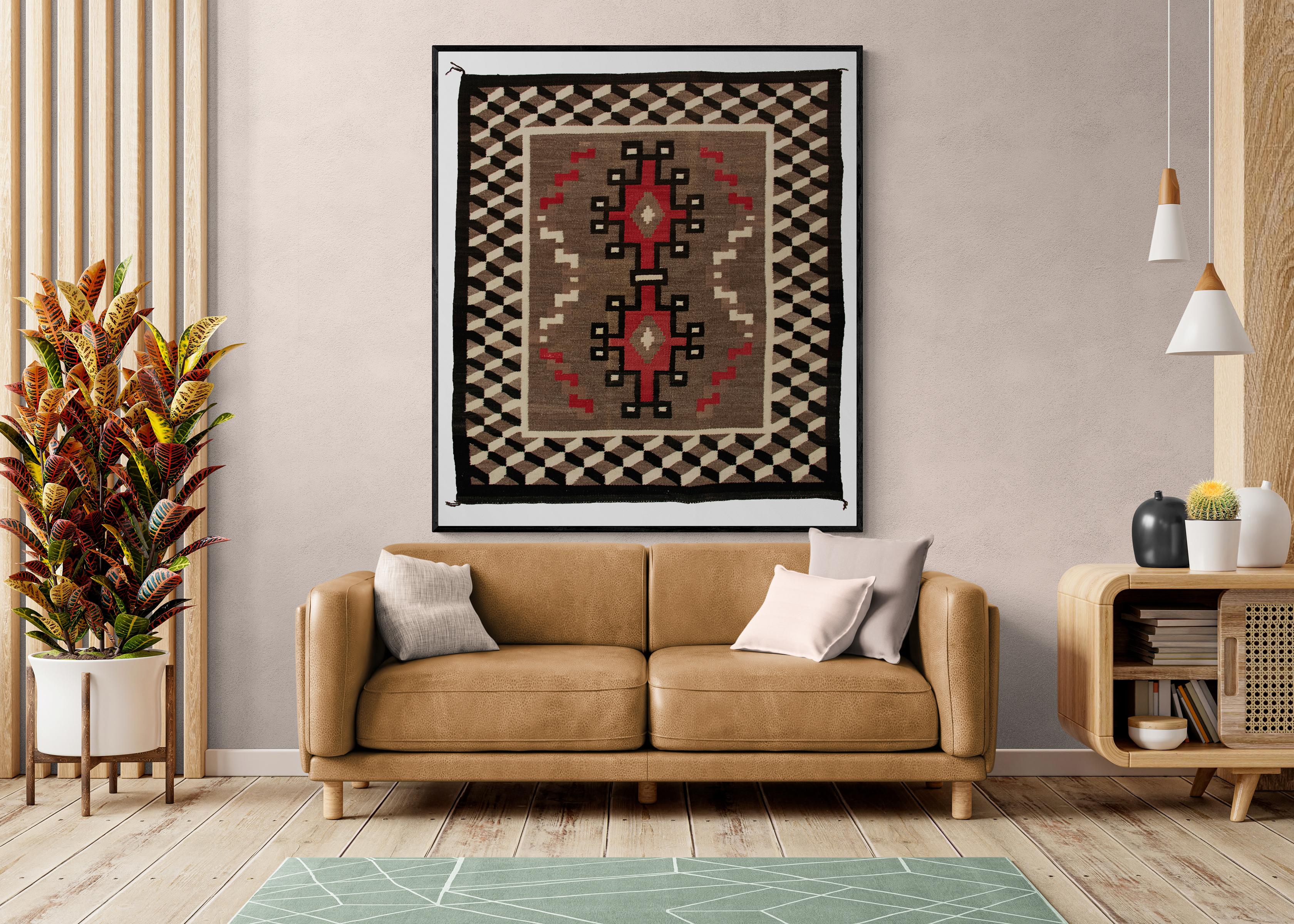 Dyed Vintage Navajo Area Rug, 1940s, Wool, Geometric Design in Brown Black Red White
