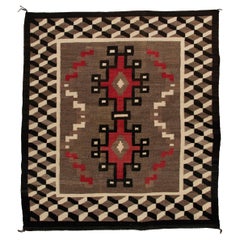 Vintage Navajo Area Rug, 1940s, Wool, Geometric Design in Brown Black Red White