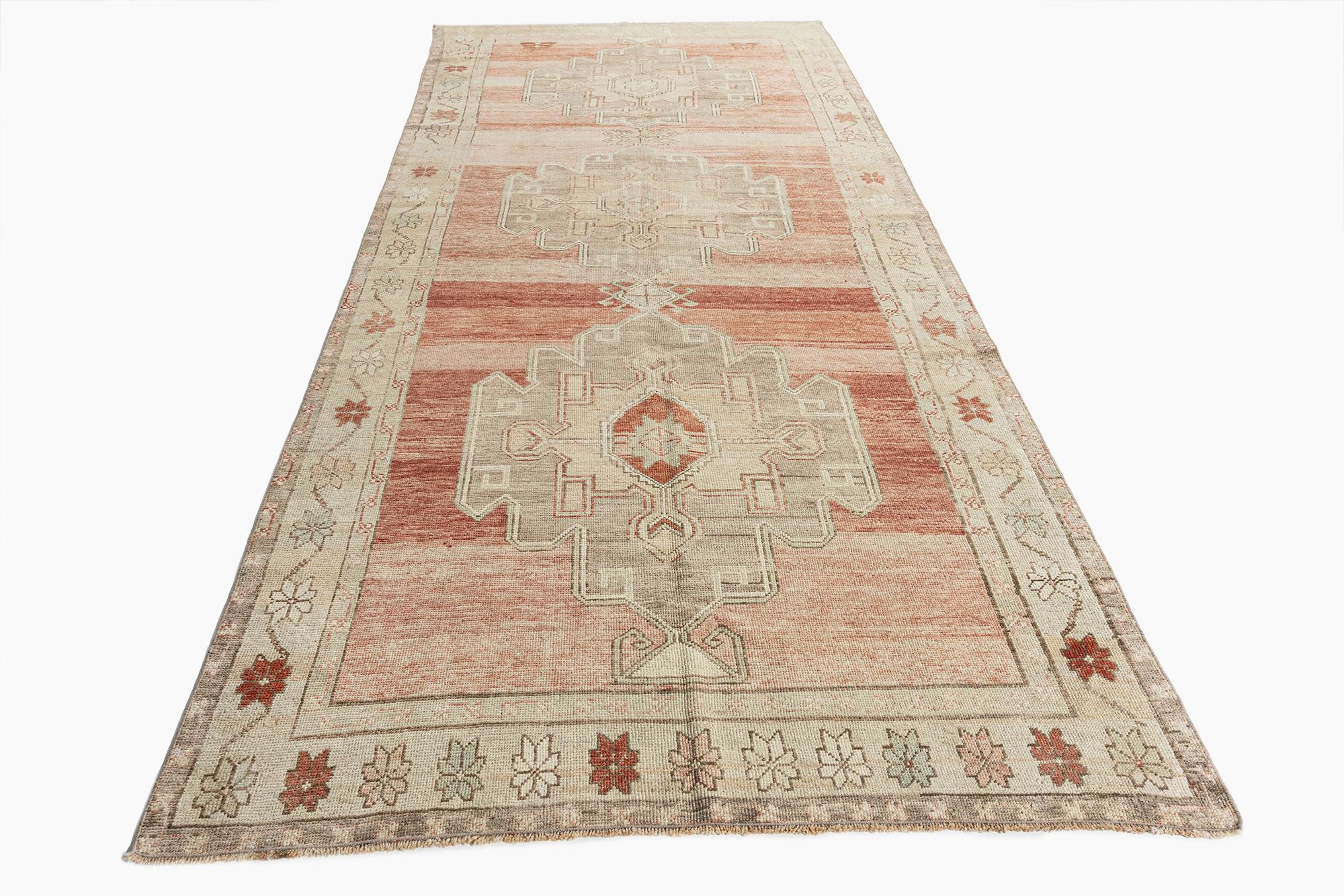 Hand-Knotted Vintage Circa 194Turkish Oushak Hand Knotted Wool Runner, Terracotta, 5'1 x 11'9 For Sale
