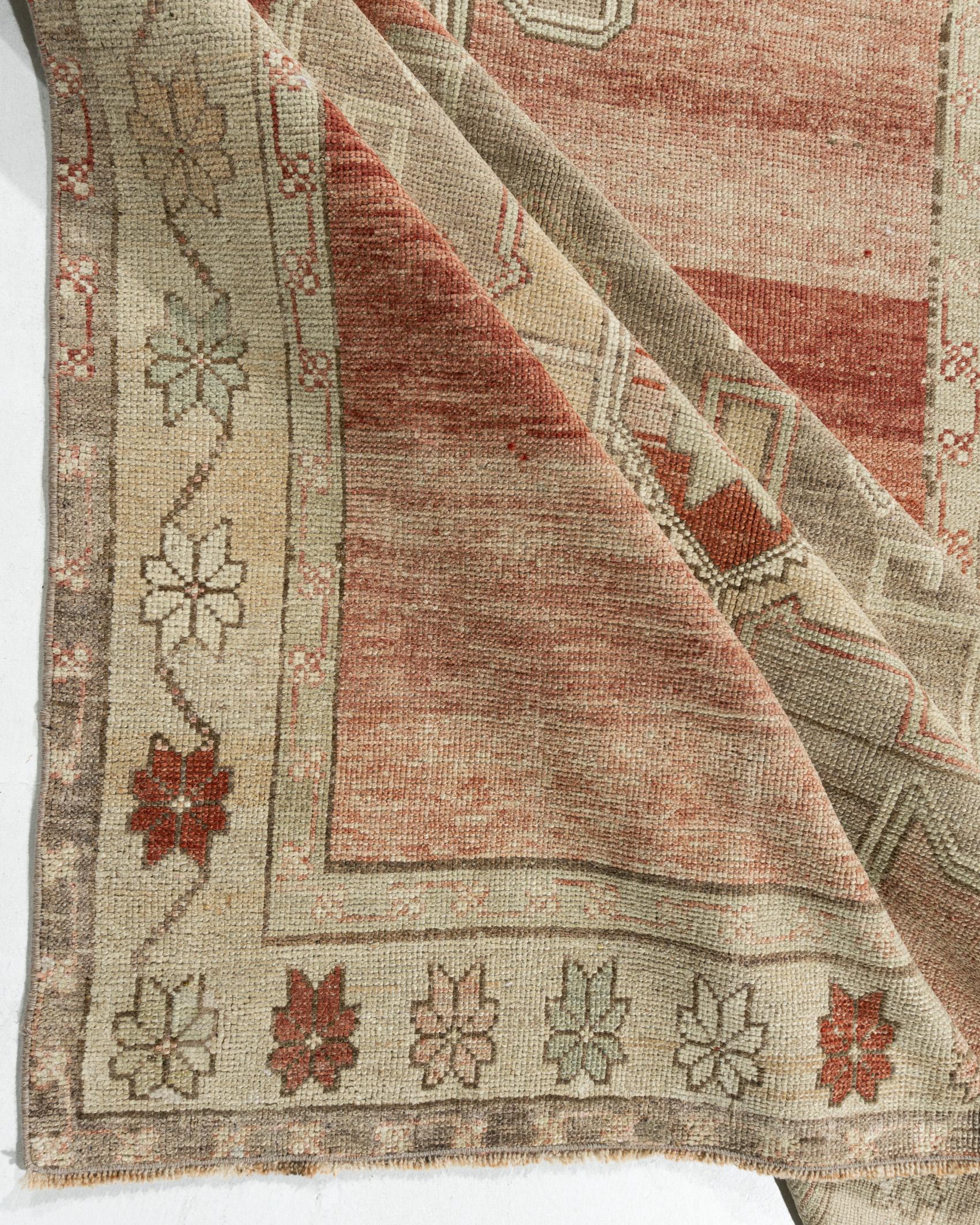 Vintage Circa 194Turkish Oushak Hand Knotted Wool Runner, Terracotta, 5'1 x 11'9 In Good Condition For Sale In New York, NY