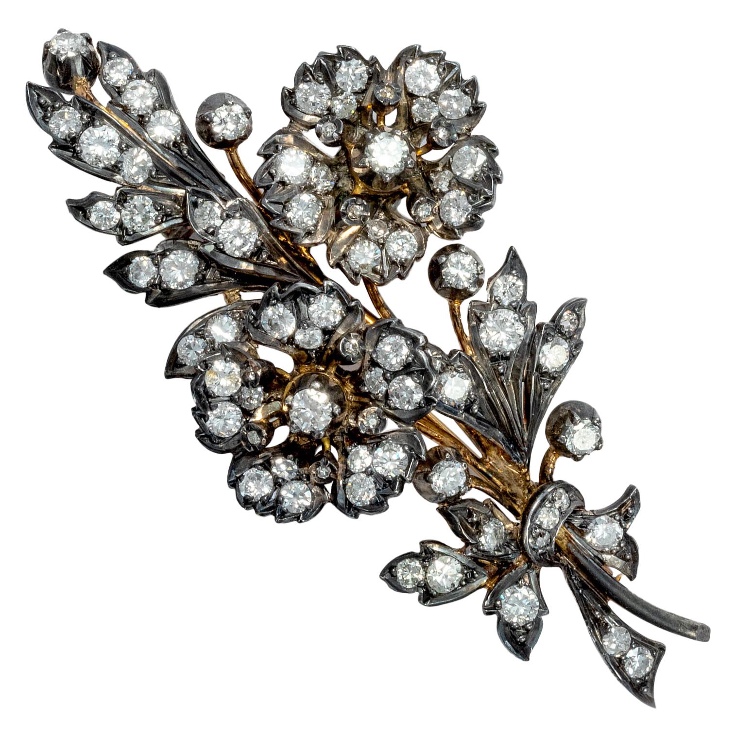 Vintage circa 1950, 5.40 Carat Diamond Silver Gold Floral Flower Bouquet Brooch For Sale