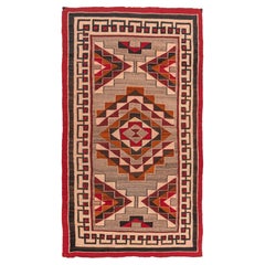 Vintage Circa 1950 Alfombra Navajo Gris Roja Tejida a Mano de Lana y Algodón 4'6 X 8'