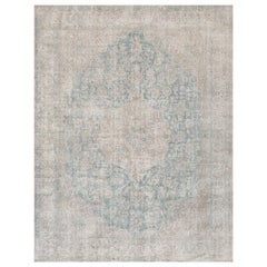 Vintage Circa-1950 Sea-Blue and Ivory Wool Rug