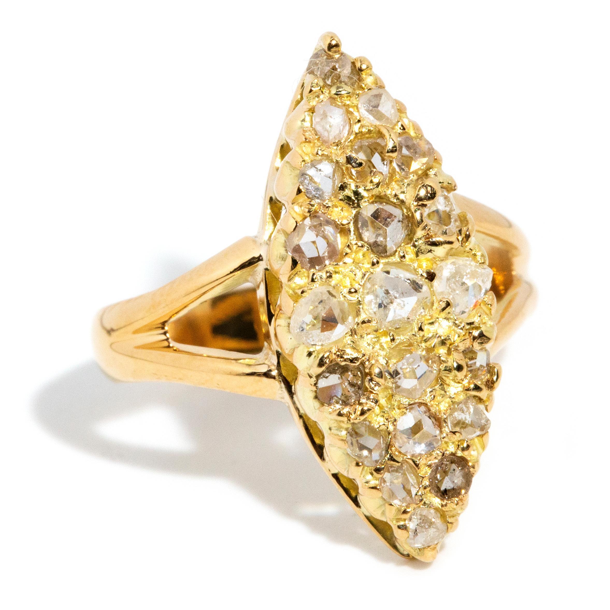 Round Cut Vintage Circa 1950s 14 Carat Rose Gold Marquise Shaped Diamond Cluster Ring For Sale