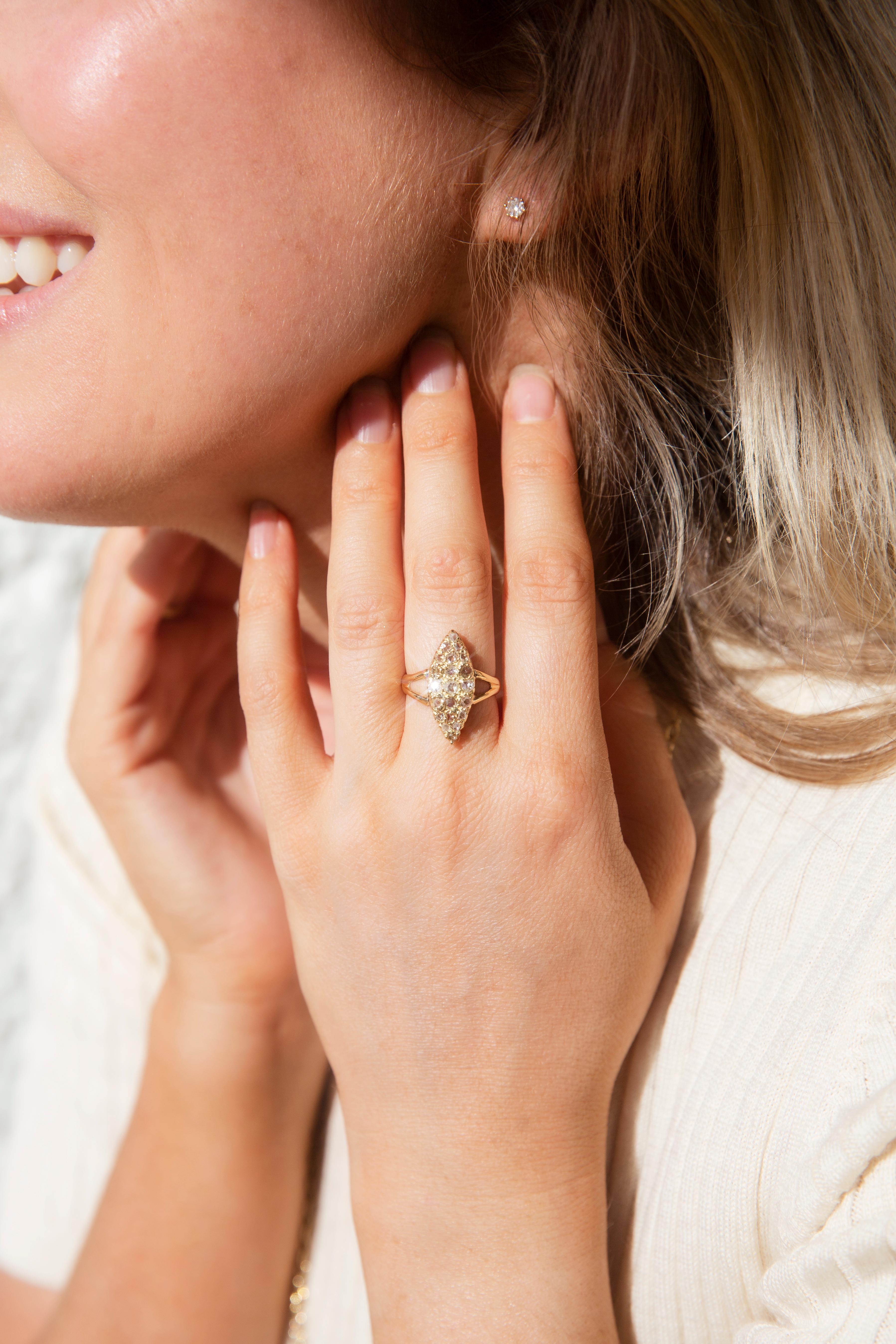 Vintage Circa 1950s 14 Carat Rose Gold Marquise Shaped Diamond Cluster Ring In Good Condition For Sale In Hamilton, AU