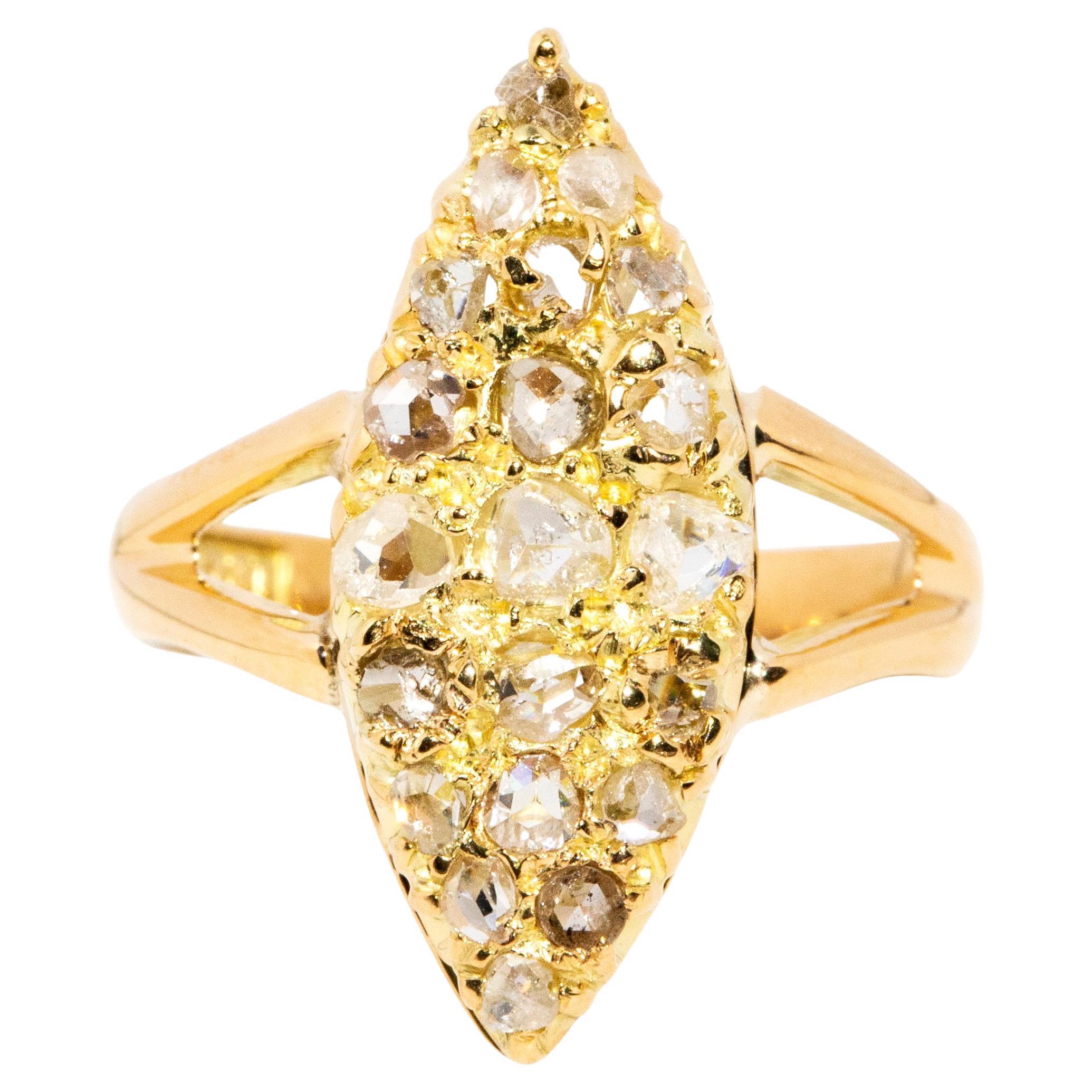 Vintage Circa 1950s 14 Carat Rose Gold Marquise Shaped Diamond Cluster Ring For Sale