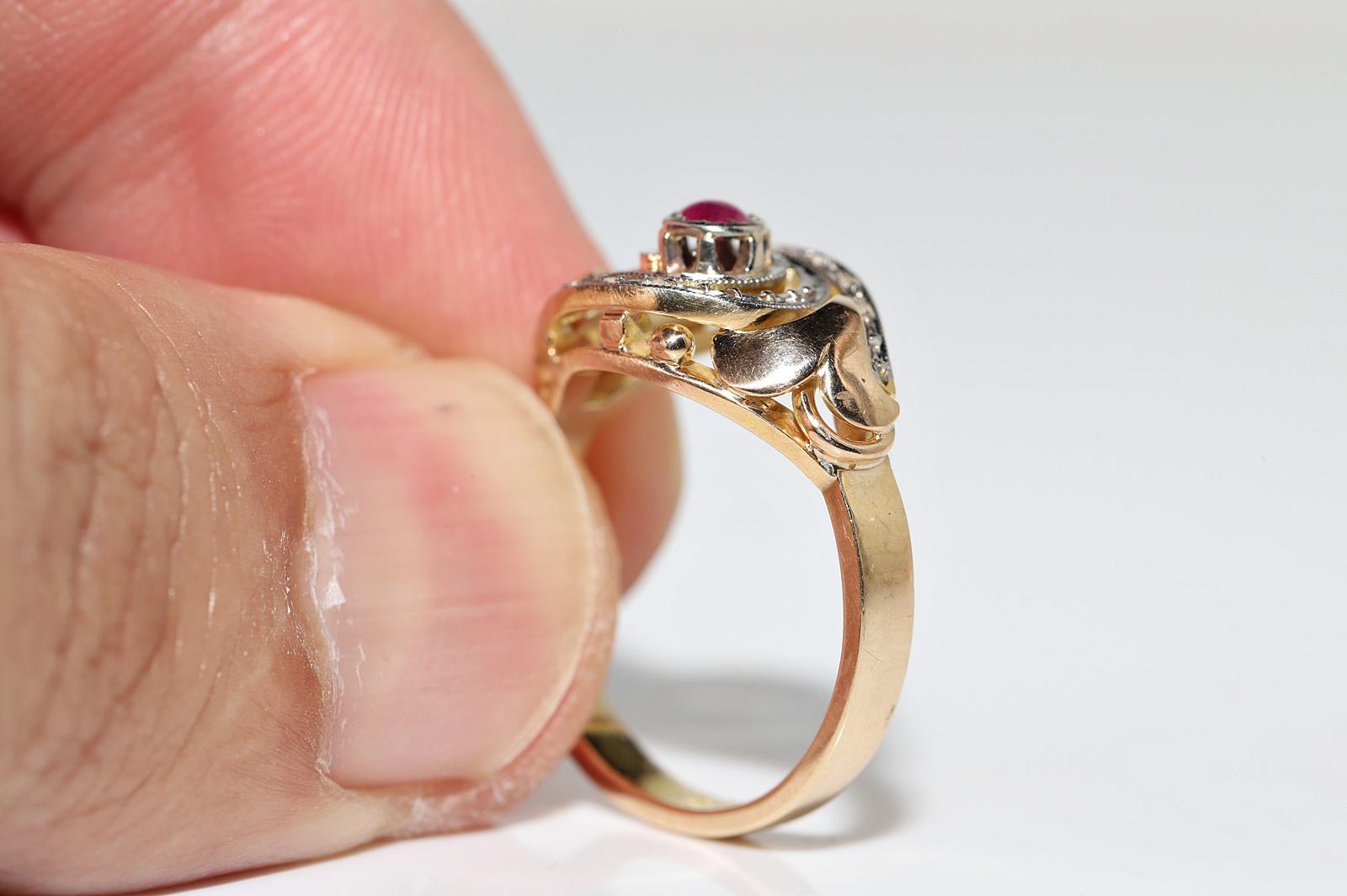 Vintage Circa 1950s 14k Gold Natural Rose Cut Diamond And Cabochon Ruby Ring For Sale 6