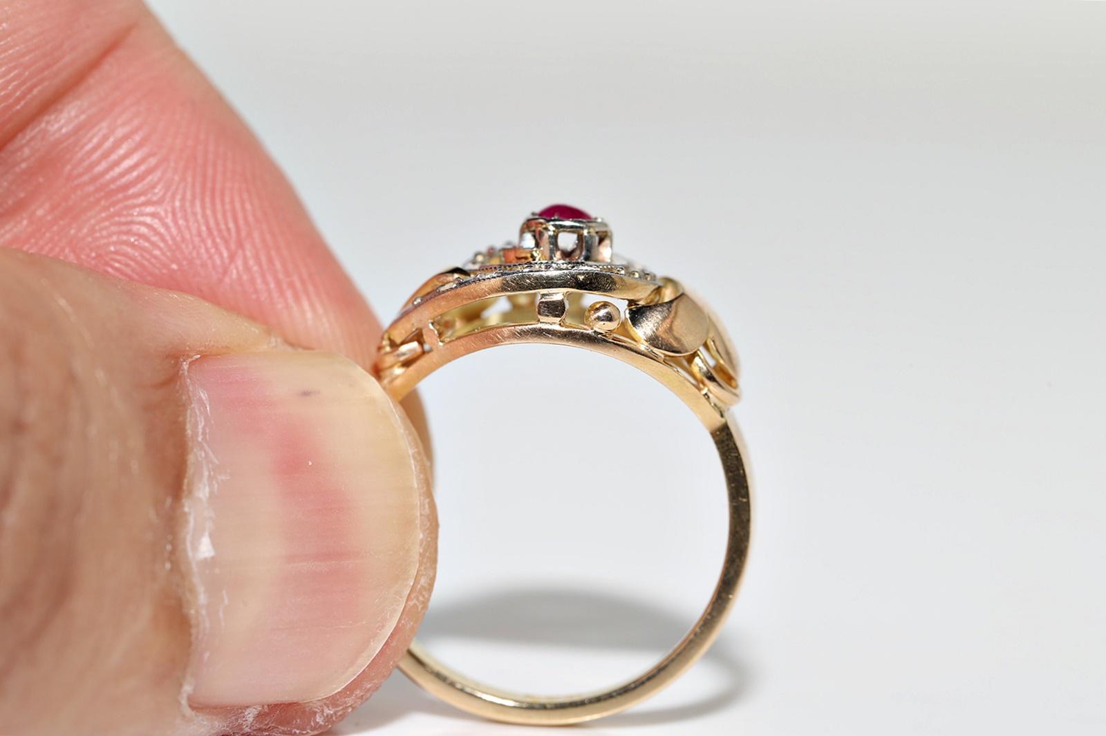 Vintage Circa 1950er Jahre 14k Gold Natürlicher Diamant im Rosenschliff und Cabochon Rubin Ring im Angebot 7