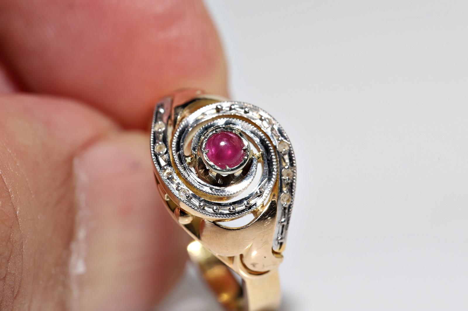 Vintage Circa 1950s 14k Gold Natural Rose Cut Diamond And Cabochon Ruby Ring For Sale 8