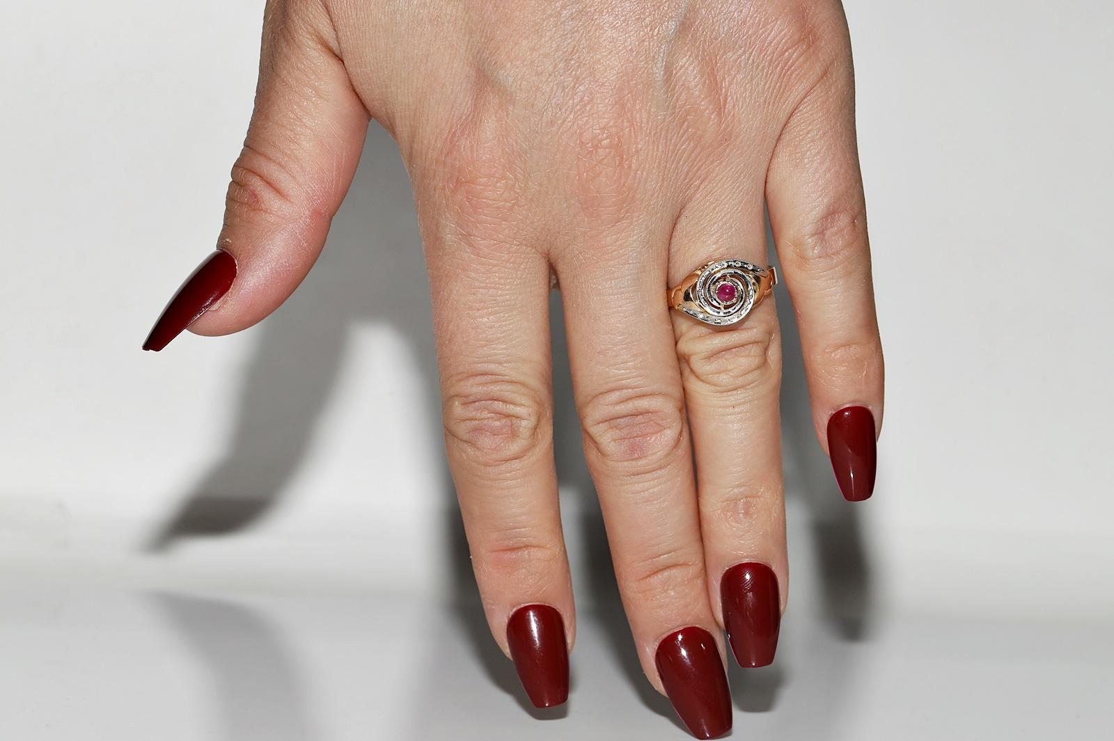 In very good condition.
Total weight is 4.7 grams.
Totally is rose cut diamond 0.02 ct.
Totally is ruby 0.10 ct.
Ring size is US 6.5 
We can make any size.
Please contact for any questions.