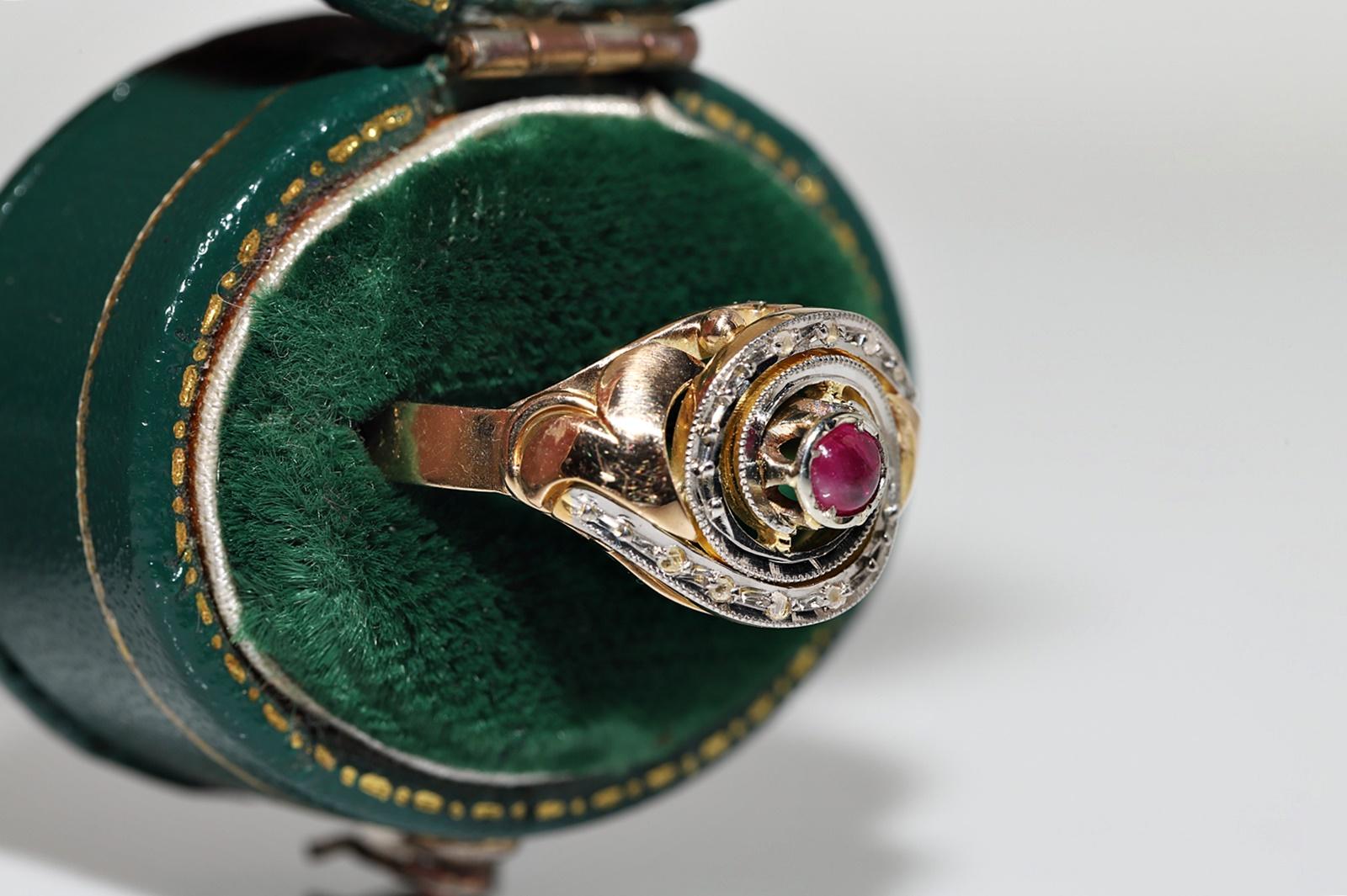 Vintage Circa 1950s 14k Gold Natural Rose Cut Diamond And Cabochon Ruby Ring For Sale 2