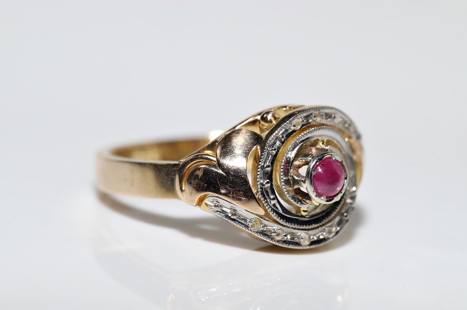 Vintage Circa 1950s 14k Gold Natural Rose Cut Diamond And Cabochon Ruby Ring For Sale 4