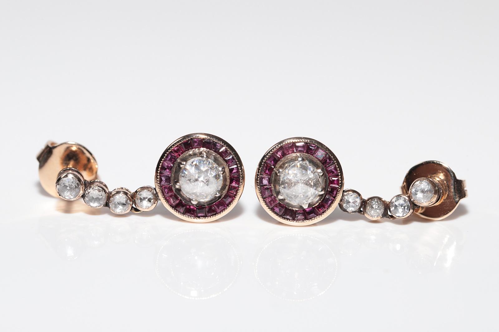 Vintage Circa 1950er Jahre 14k Gold natürlicher Rosenschliff Diamant und Rubin Tropfenohrring im Angebot 5