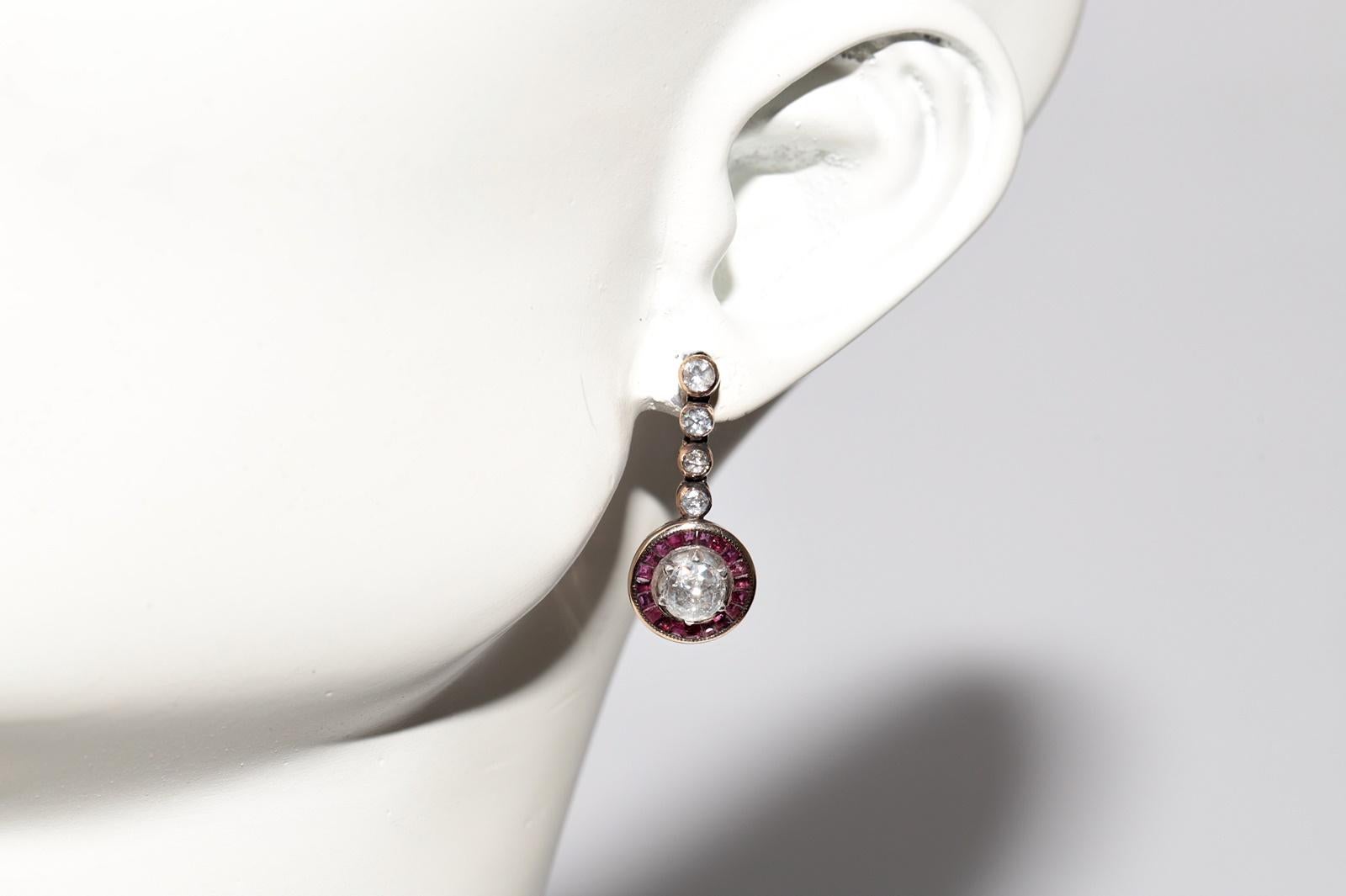 Vintage Circa 1950er Jahre 14k Gold natürlicher Rosenschliff Diamant und Rubin Tropfenohrring im Angebot 6