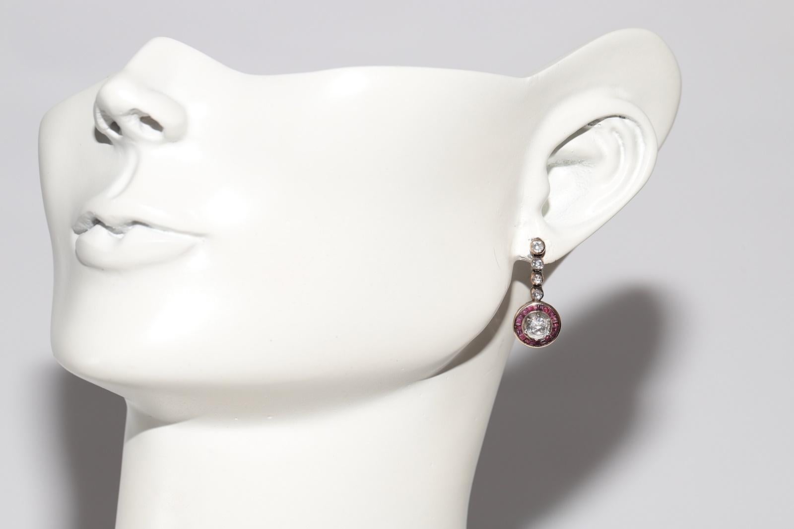 Vintage Circa 1950er Jahre 14k Gold natürlicher Rosenschliff Diamant und Rubin Tropfenohrring im Angebot 7