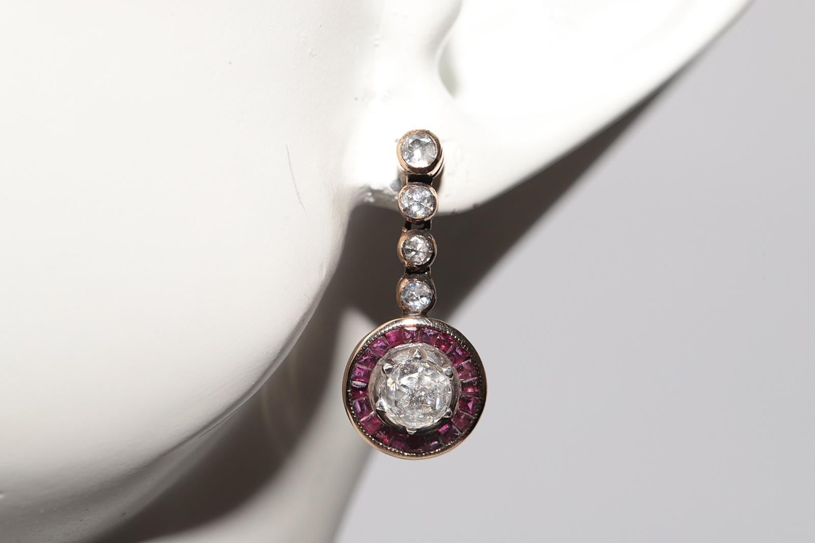 Vintage Circa 1950er Jahre 14k Gold natürlicher Rosenschliff Diamant und Rubin Tropfenohrring im Angebot 8