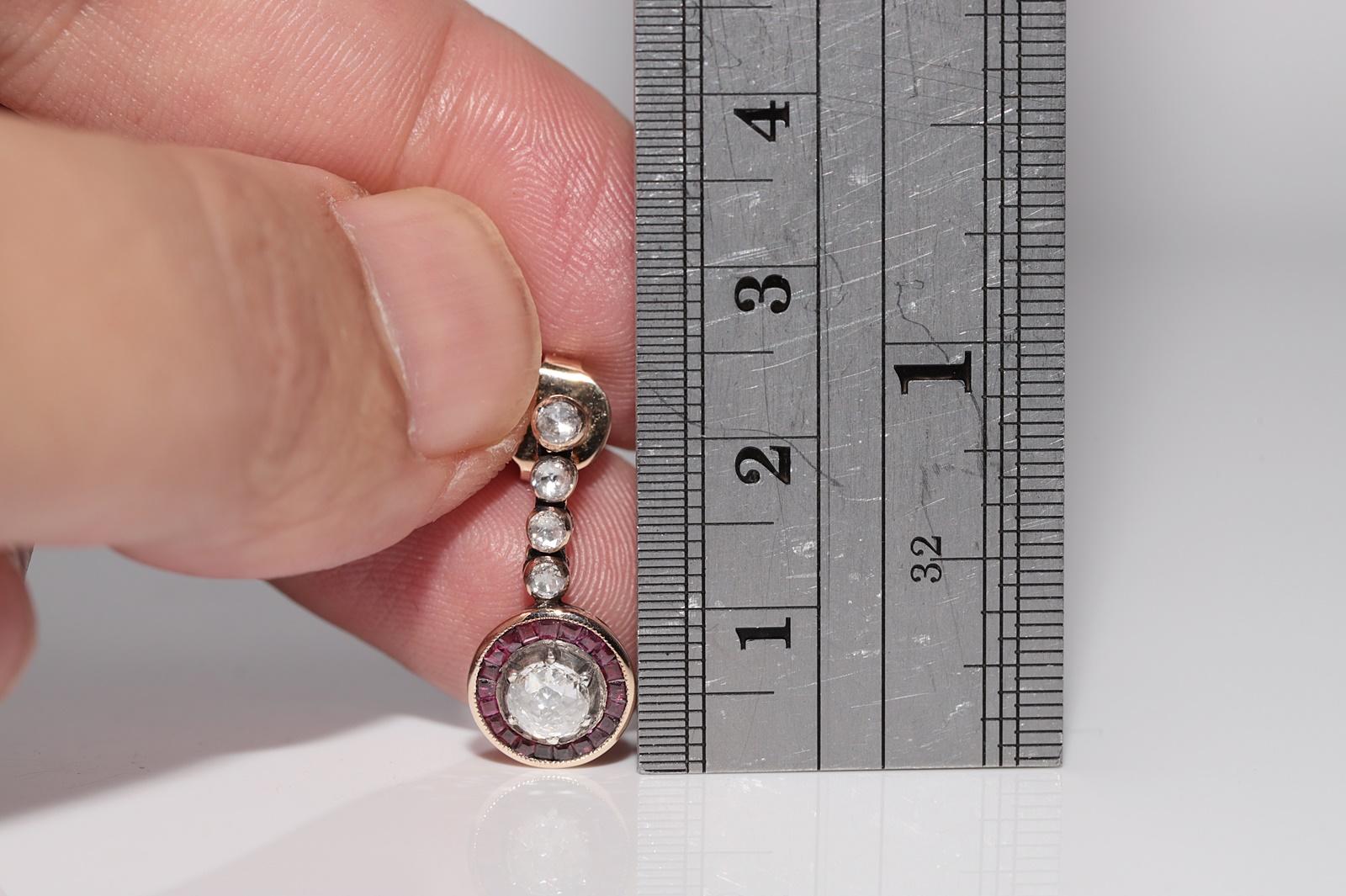 Vintage Circa 1950er Jahre 14k Gold natürlicher Rosenschliff Diamant und Rubin Tropfenohrring im Angebot 12