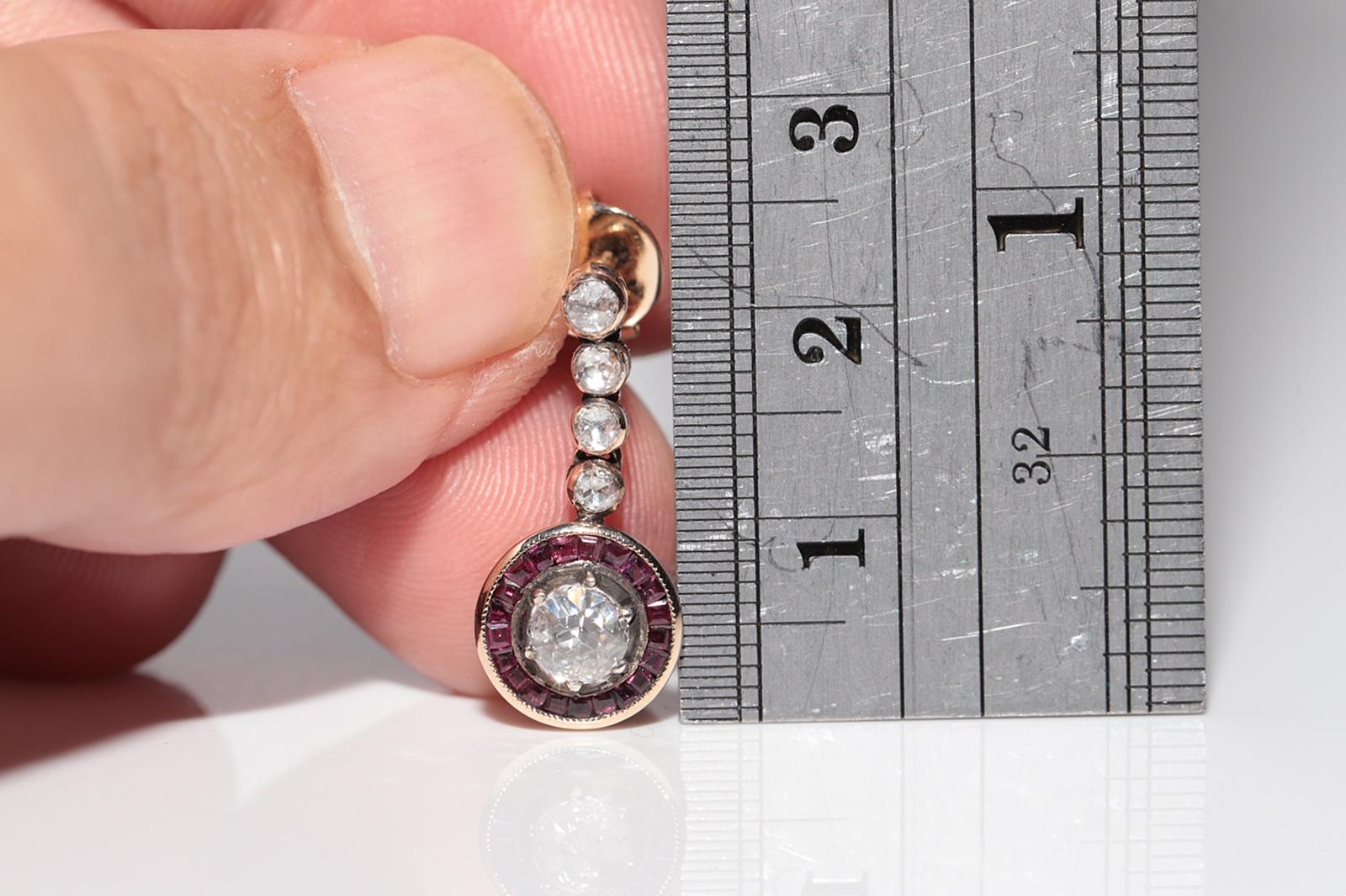 Vintage Circa 1950er Jahre 14k Gold natürlicher Rosenschliff Diamant und Rubin Tropfenohrring im Angebot 2