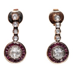 Vintage Circa 1950s 14k Gold Natural Rose Cut Diamond And Ruby Drop Earring