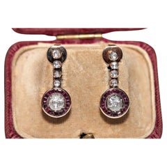 Vintage Circa 1950s 14k Gold Natural Rose Cut Diamond And Ruby Drop Earring