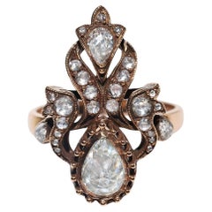 Vintage Circa 1950s 14k Gold Natural Rose Cut Diamond Decorated Navette Ring